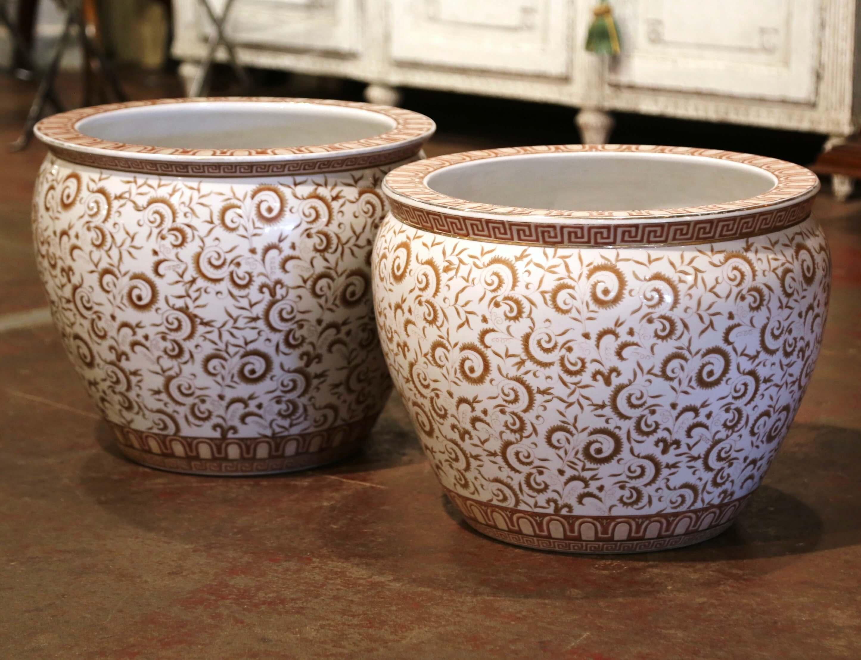 Pair of Mid-Century Chinese Painted and Gilt Porcelain Fish Bowls 1