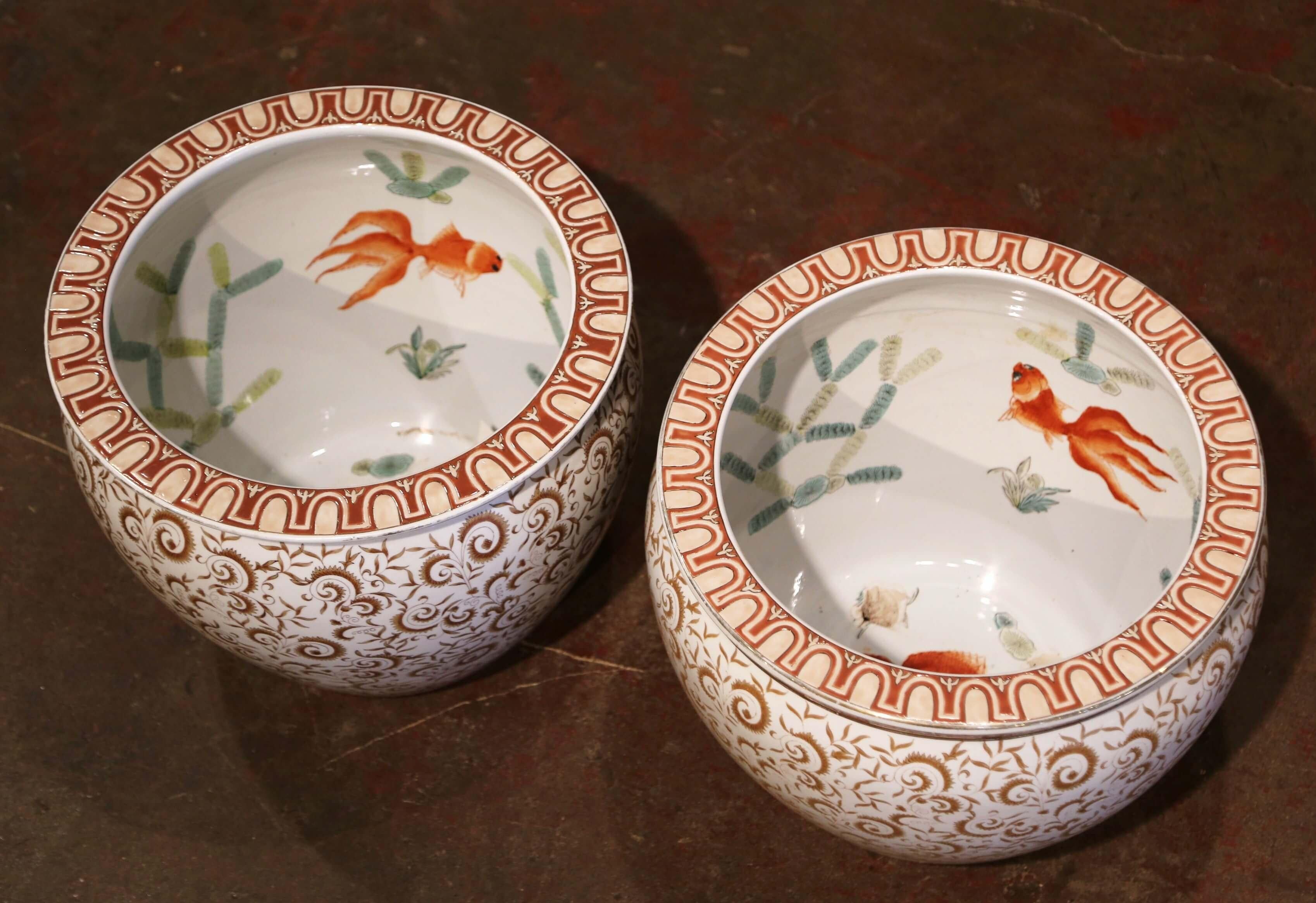 Pair of Mid-Century Chinese Painted and Gilt Porcelain Fish Bowls 2