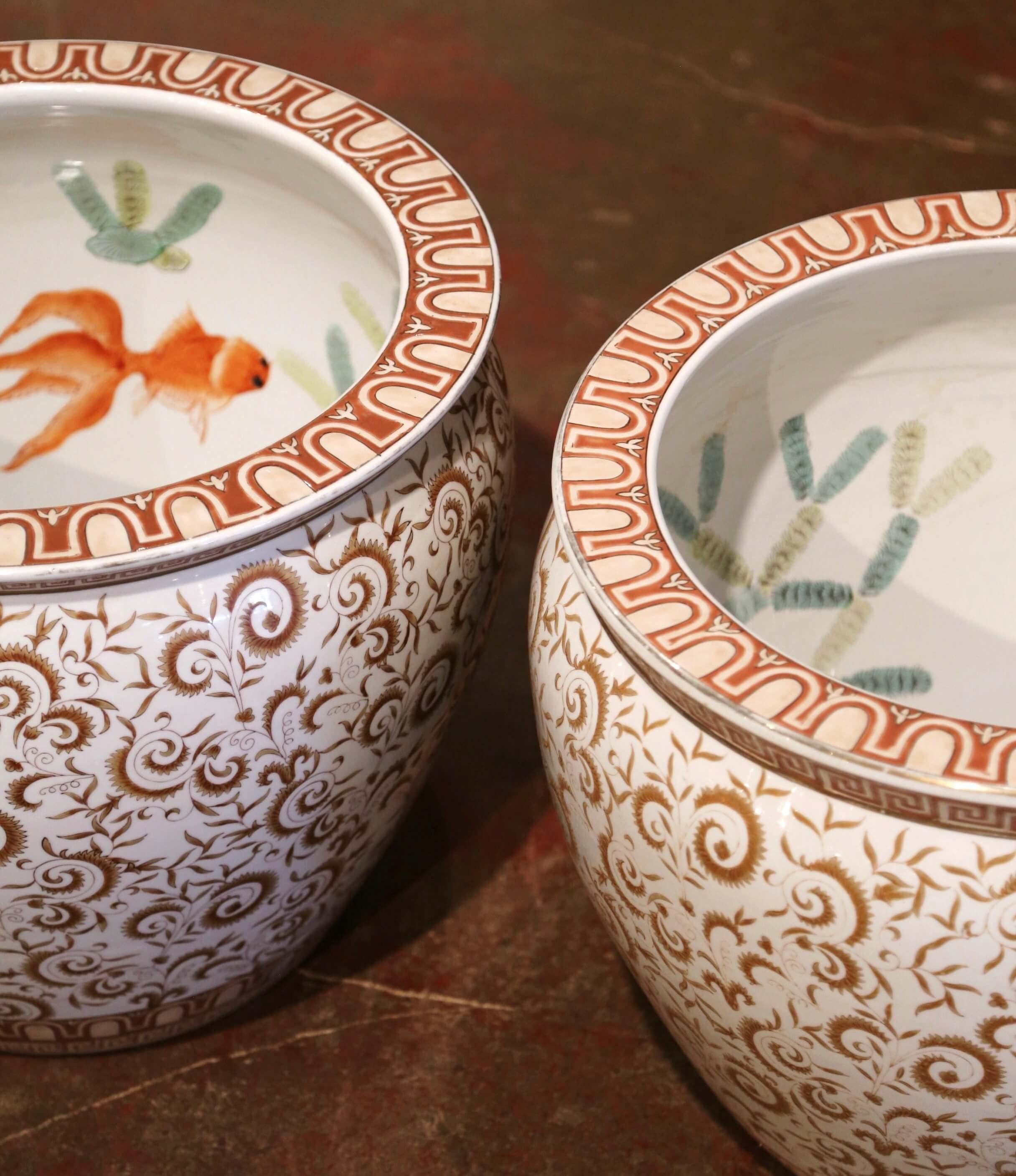 Pair of Mid-Century Chinese Painted and Gilt Porcelain Fish Bowls 3