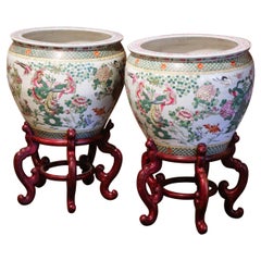 Pair of Mid-Century Chinese Painted Porcelain Fish Bowls on Carved Walnut Stands