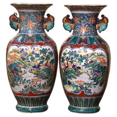 Vintage Pair of Midcentury Chinese Polychrome & Gilt Porcelain Vases