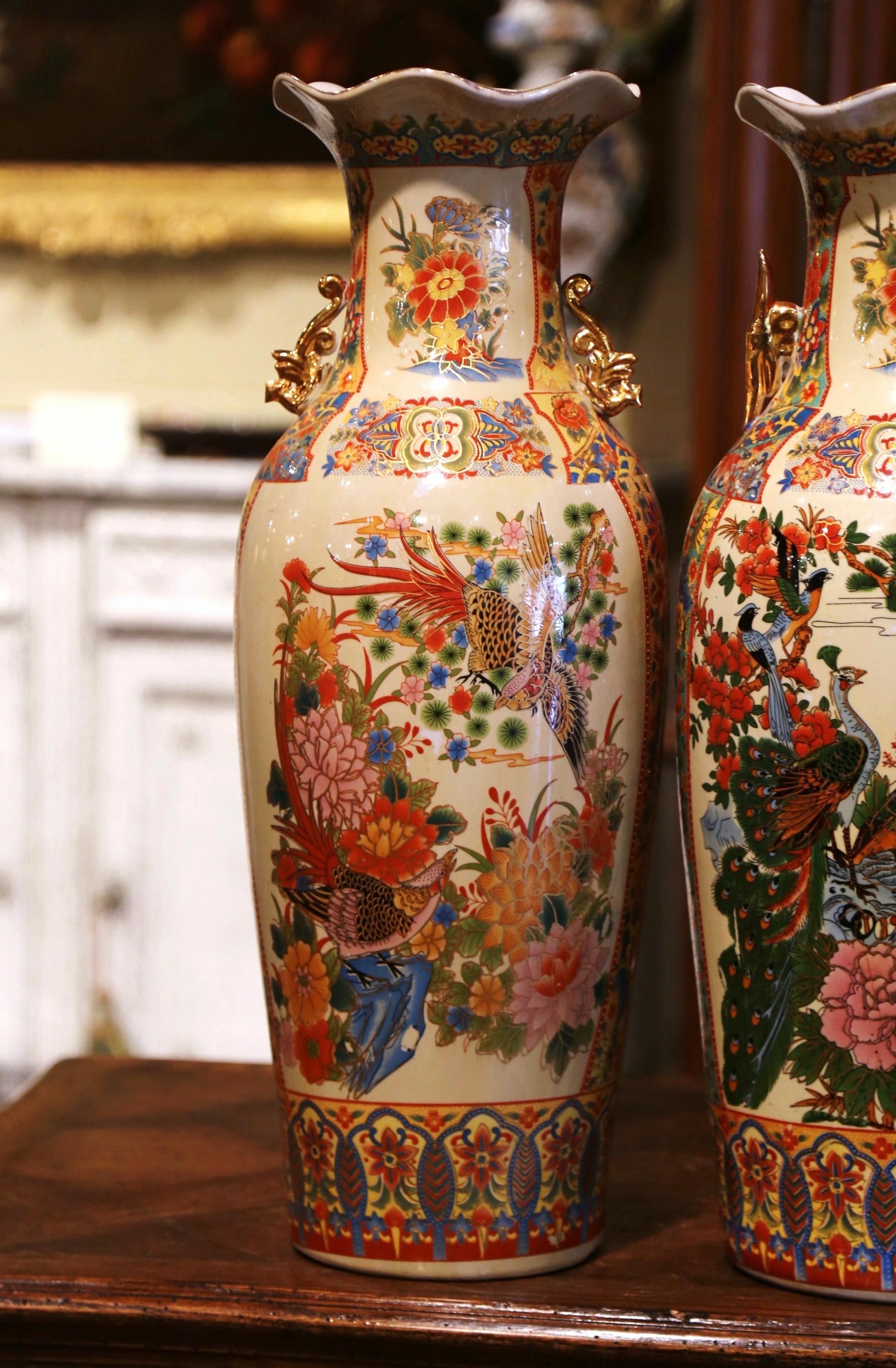 Hand-Crafted Pair of Mid-Century Chinese Polychrome Painted and Gilt Porcelain Vases