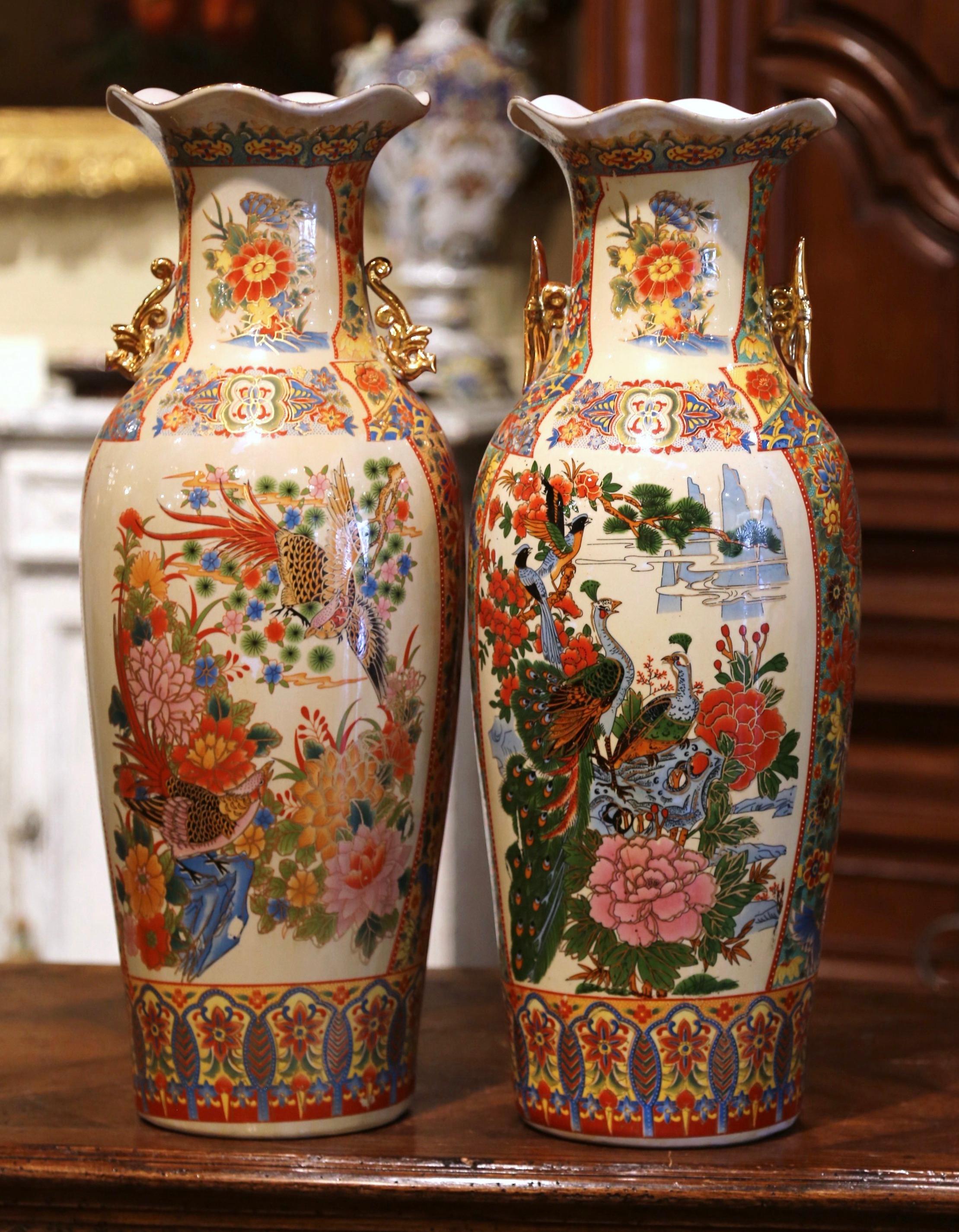 20th Century Pair of Mid-Century Chinese Polychrome Painted and Gilt Porcelain Vases