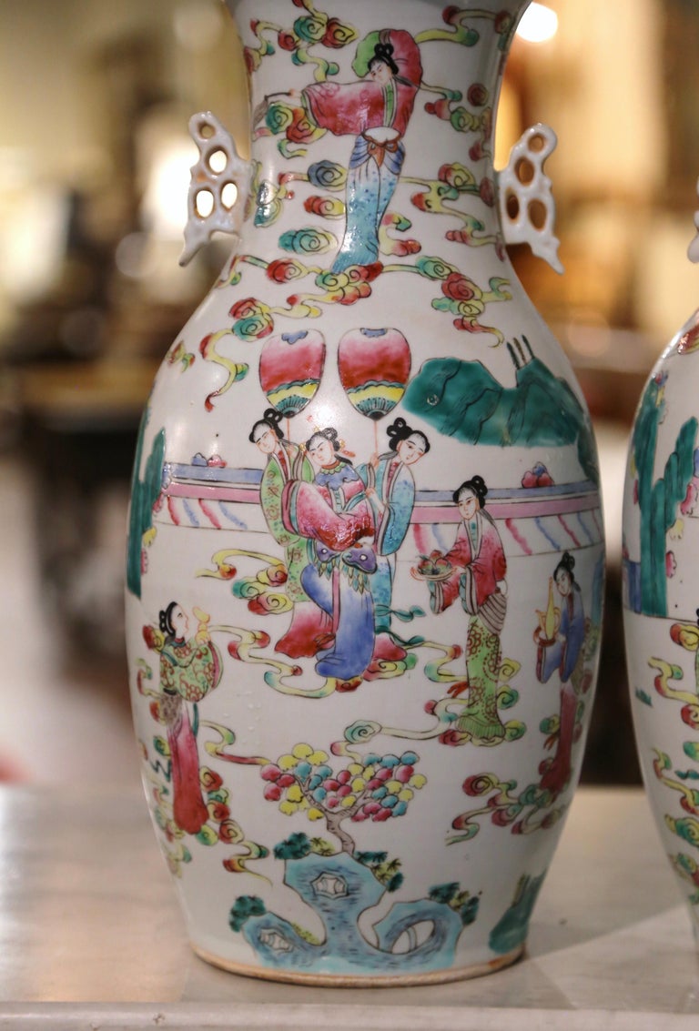 Gilt Pair of Mid-Century Chinese Polychrome Porcelain Vases