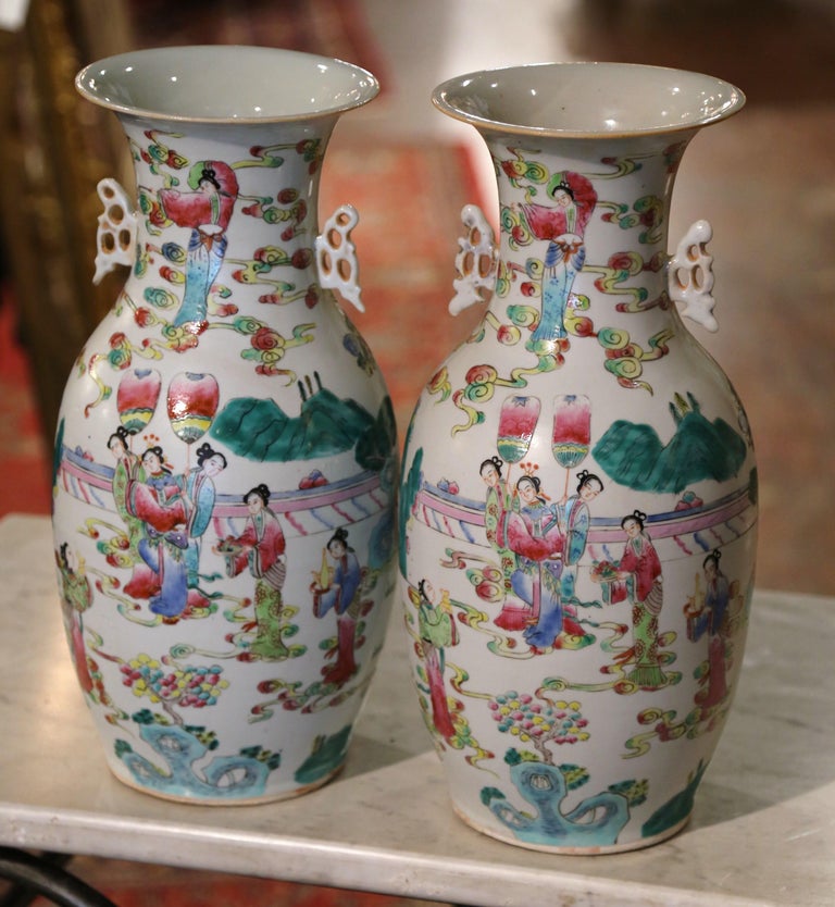 20th Century Pair of Mid-Century Chinese Polychrome Porcelain Vases