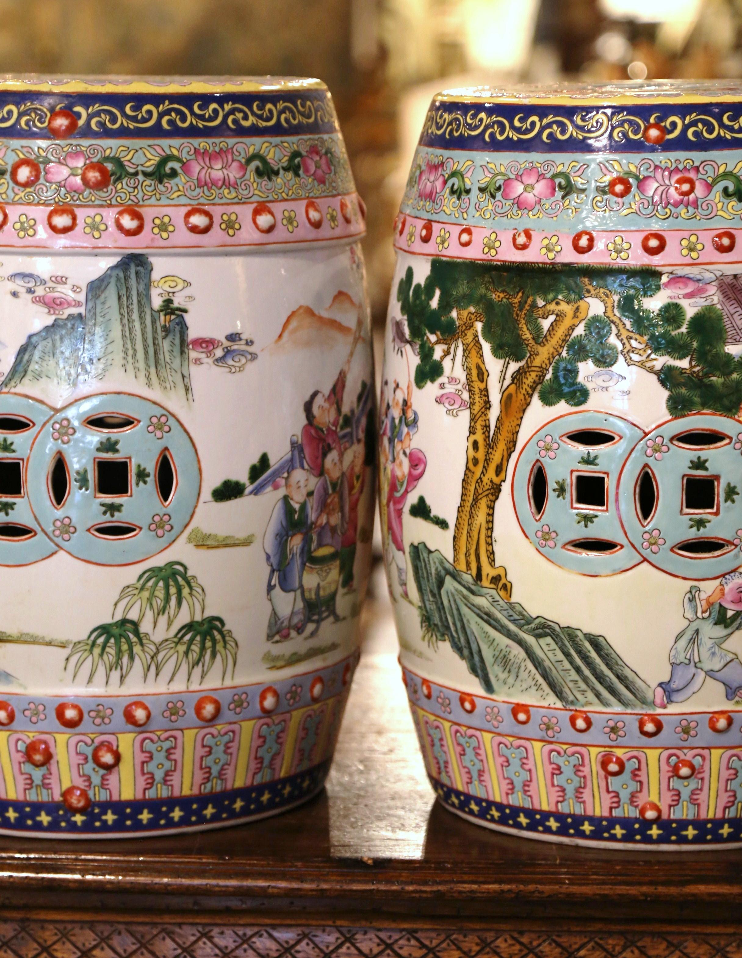 Pair of Mid-Century Chinese Porcelain Garden Stools with Figural & Floral Motifs 8