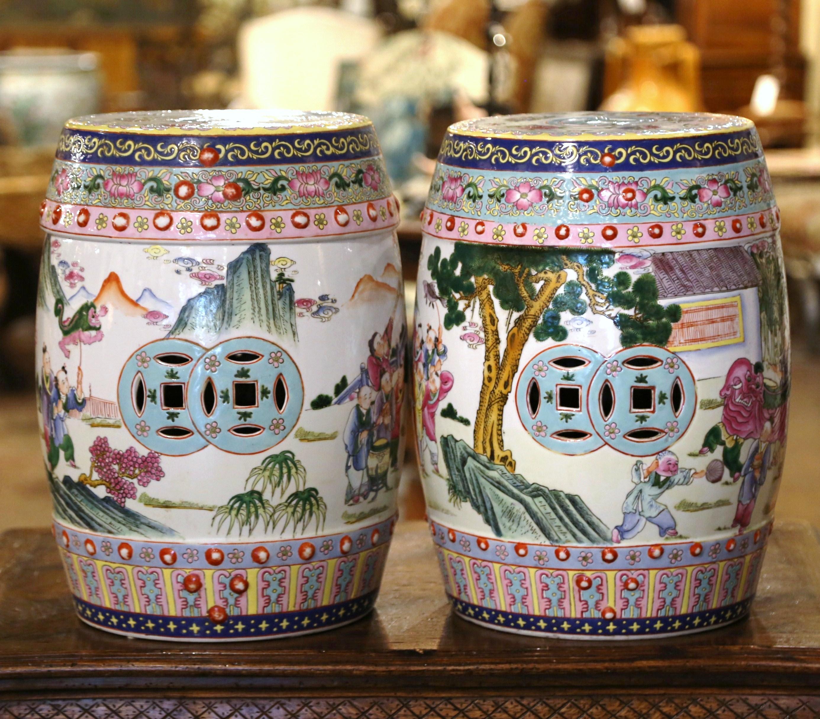 Hand-Painted Pair of Mid-Century Chinese Porcelain Garden Stools with Figural & Floral Motifs
