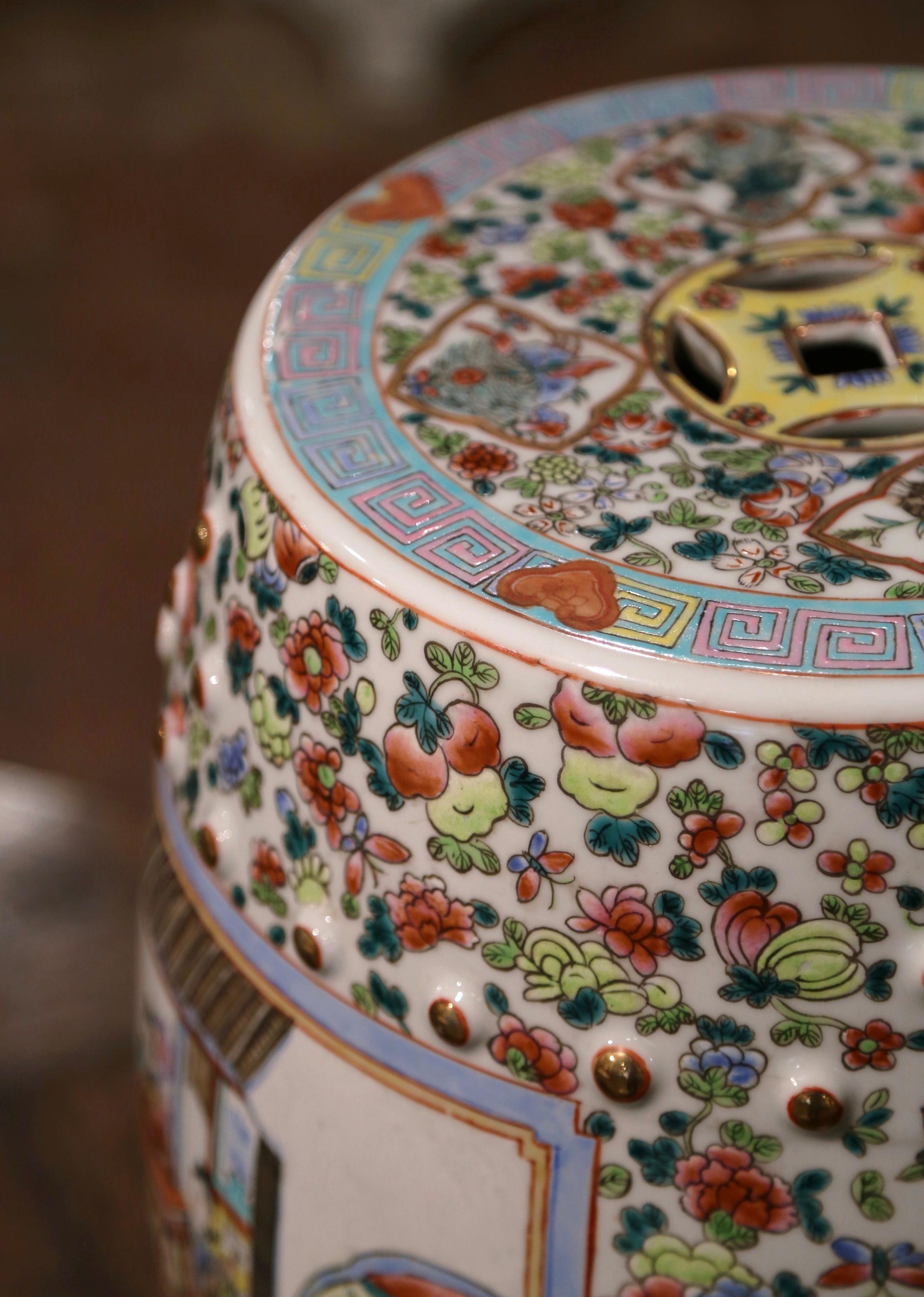20th Century Pair of Mid-Century Chinese Porcelain Garden Stools with Figural & Floral Motifs