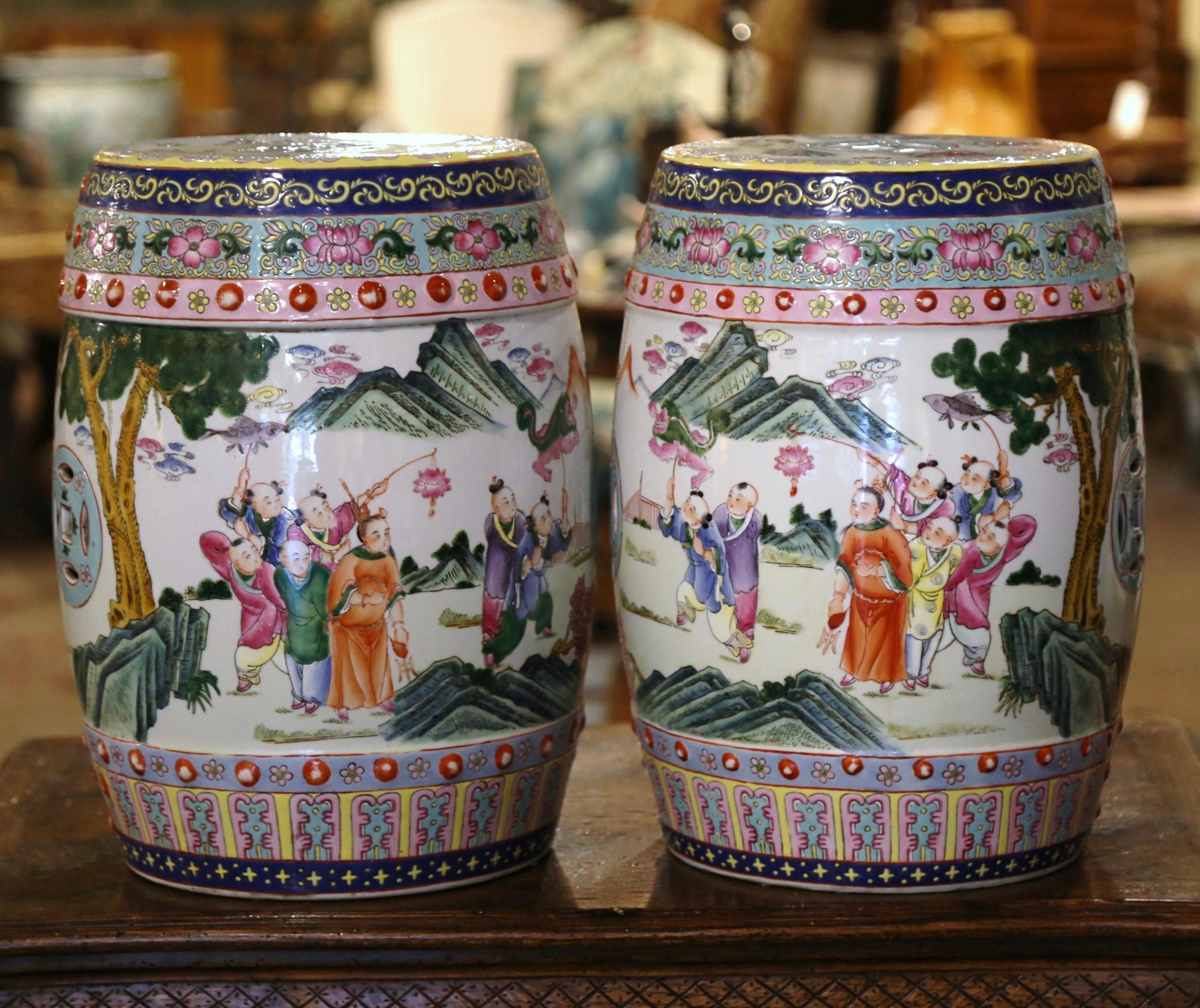 Pair of Mid-Century Chinese Porcelain Garden Stools with Figural & Floral Motifs 1