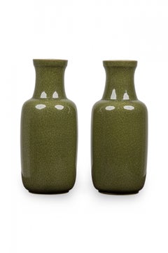 Pair of Midcentury Chinese Porcelain Green Crackle Glazed Ginger Jars
