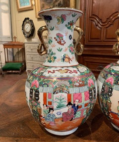 Pair of Midcntury Chinese Rose Medallion Polychrome and Gilt Porcelain Vases
