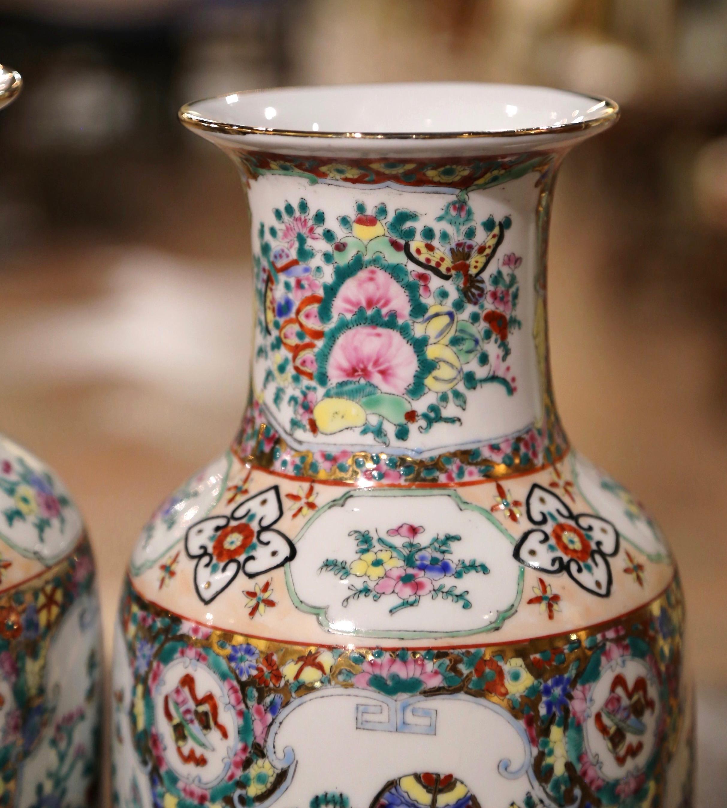 20th Century Pair of Mid-Century Chinese Rose Medallion Polychrome & Gilt Porcelain Vases