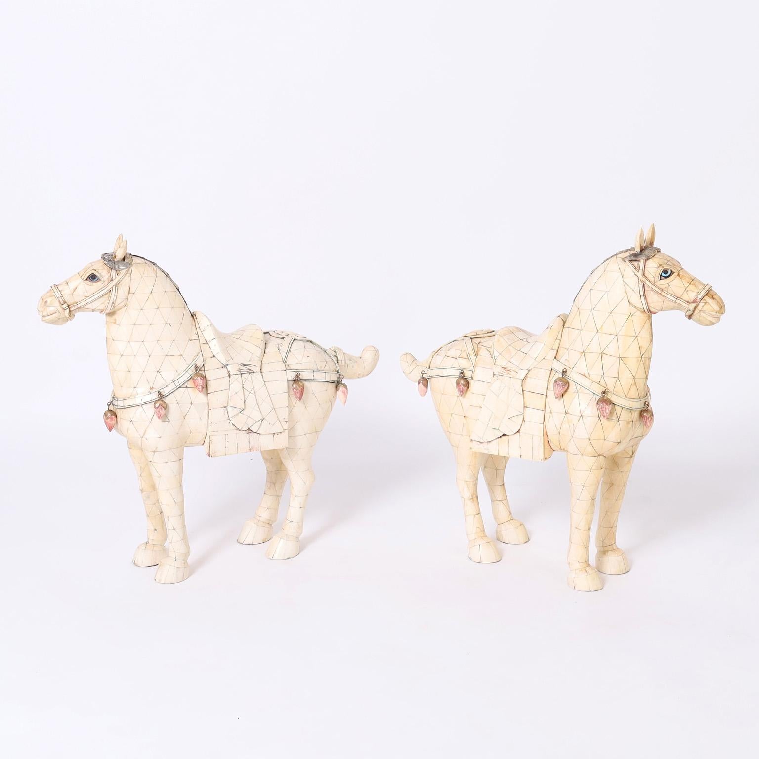 Chinese Export Pair of Mid-Century Chinese Tessellated Bone Horses For Sale