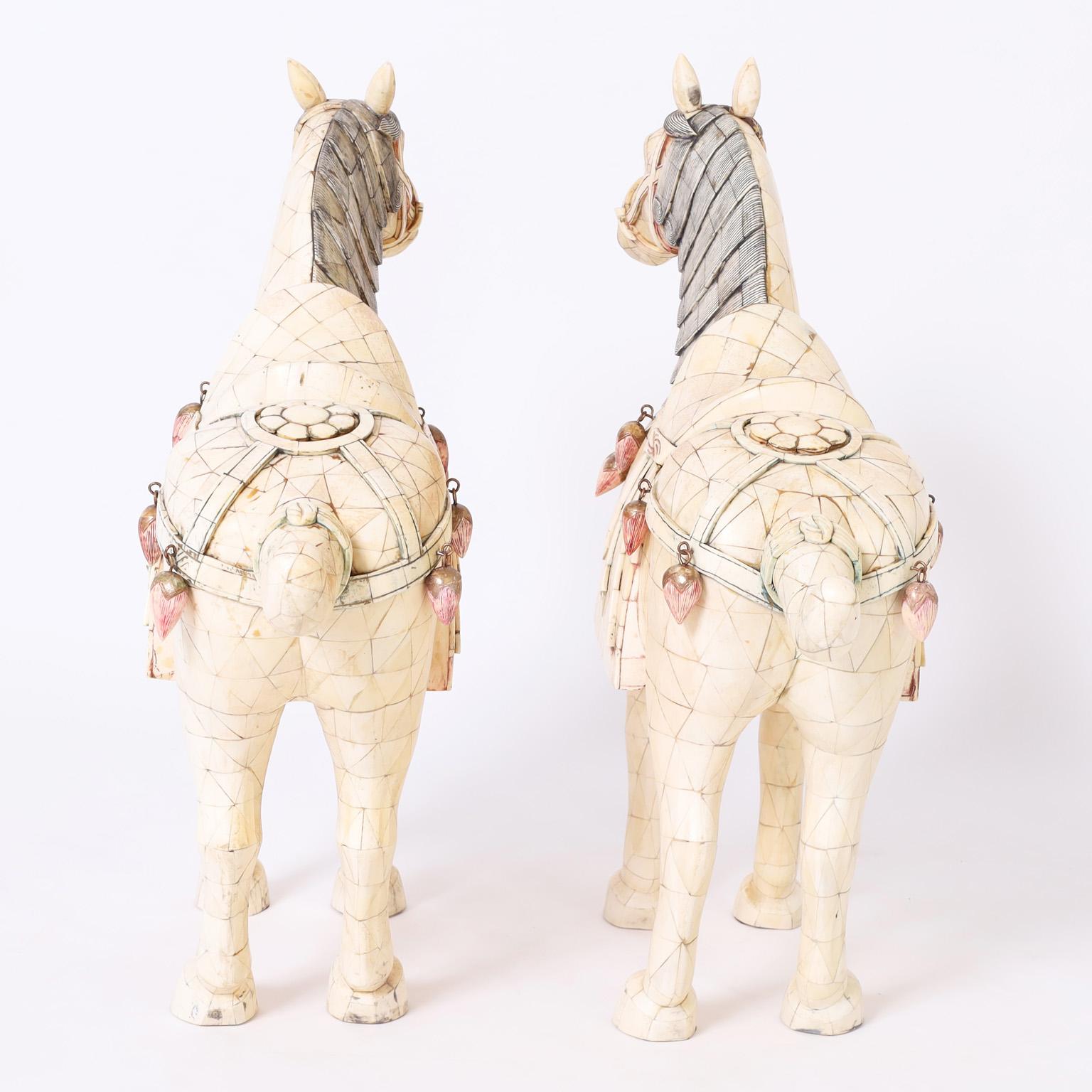 Veneer Pair of Mid-Century Chinese Tessellated Bone Horses For Sale