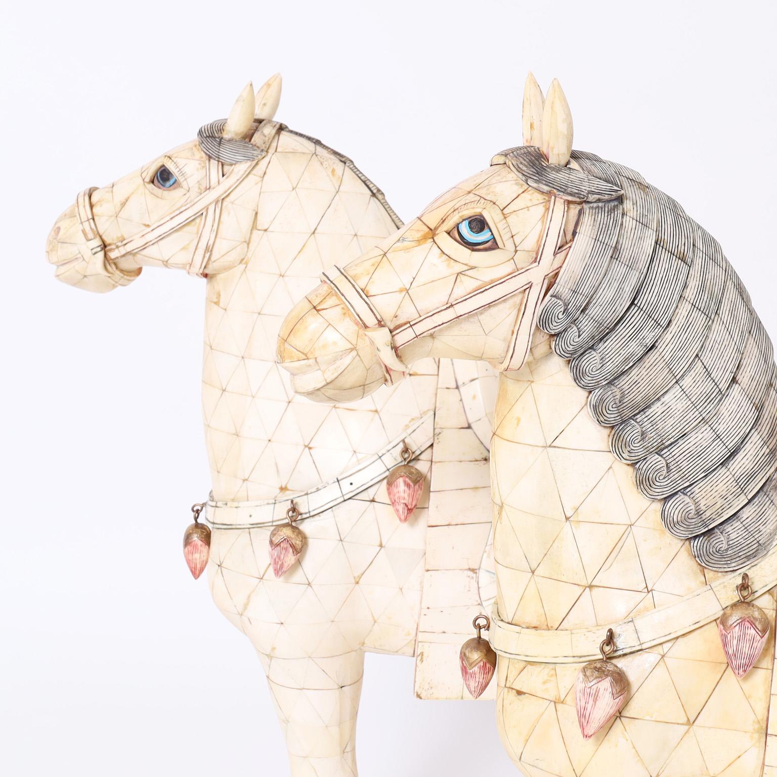 Pair of Mid-Century Chinese Tessellated Bone Horses For Sale 1