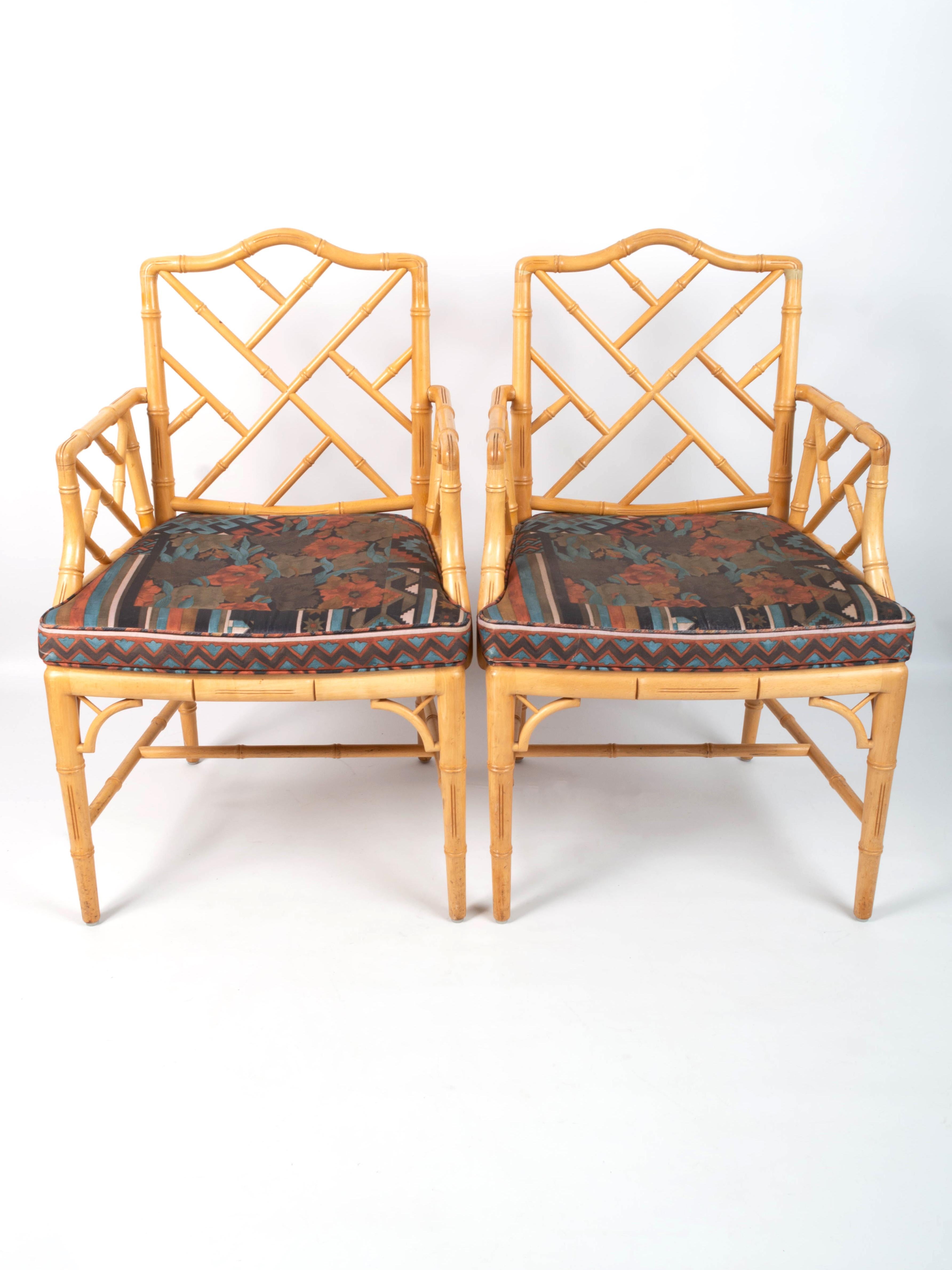 Upholstery Pair of Mid Century Chippendale Style Faux Bamboo Armchairs, England, C.1970 For Sale