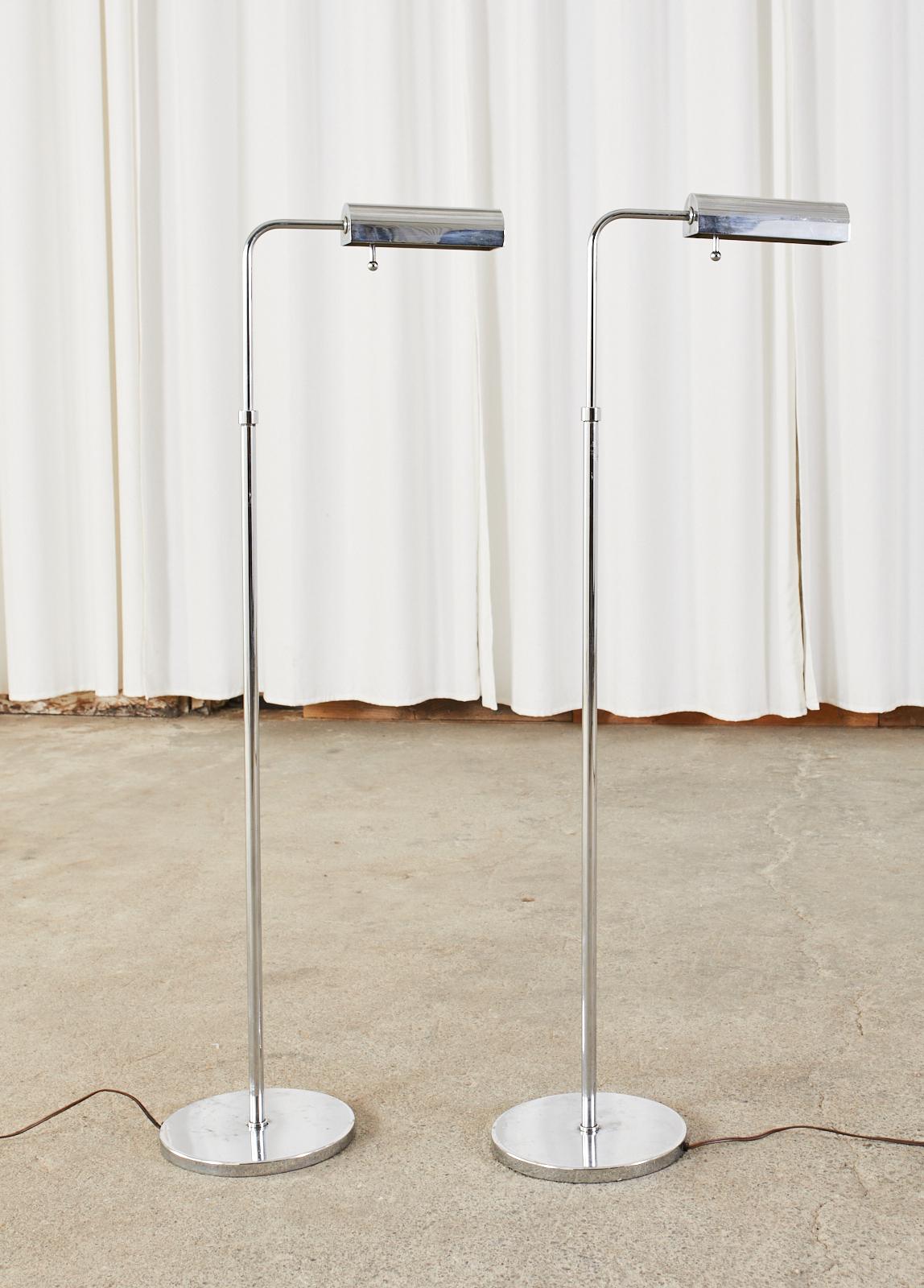 Pair of Mid-Century Chrome Adjustable Pharmacy Floor Lamps In Good Condition For Sale In Rio Vista, CA