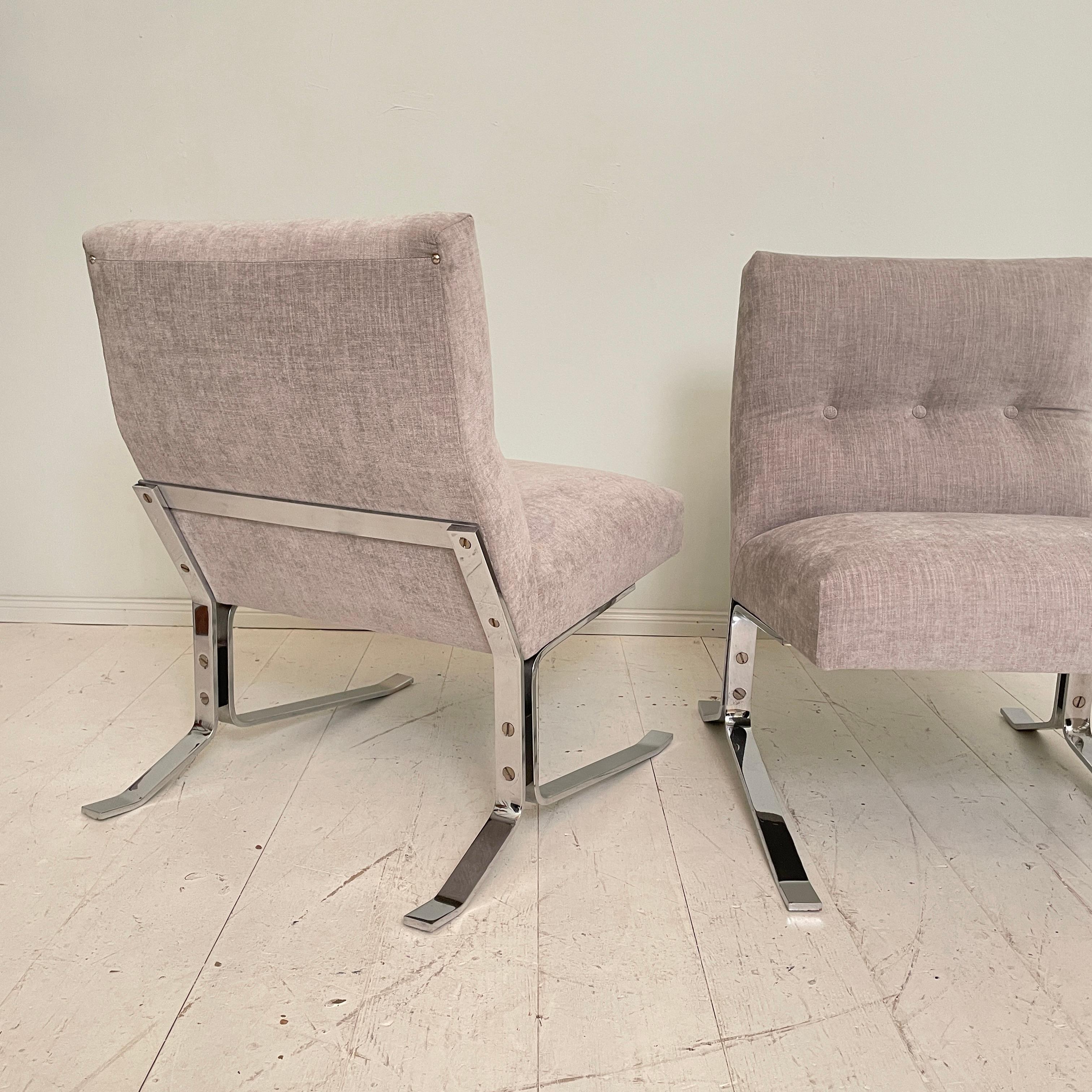 Pair of Mid-Century Chrome and Grey Fabric German Lounge Chairs, Around 1970 8