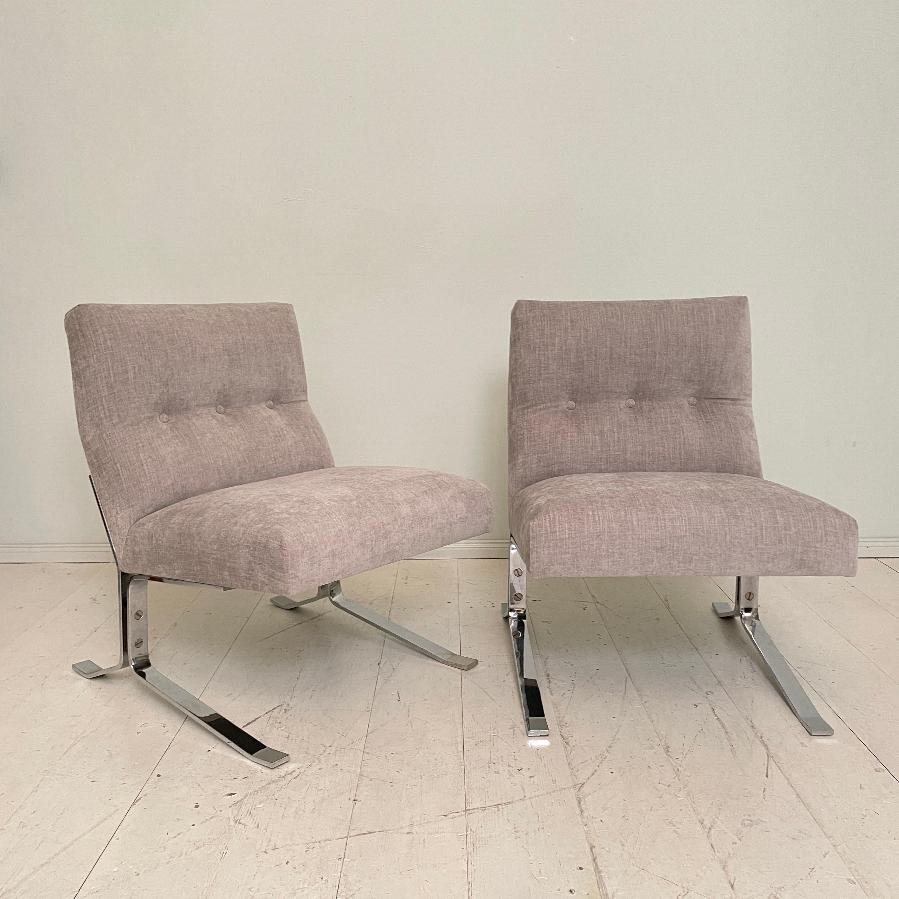 Pair of Mid-Century Chrome and Grey Fabric German Lounge Chairs, Around 1970 9