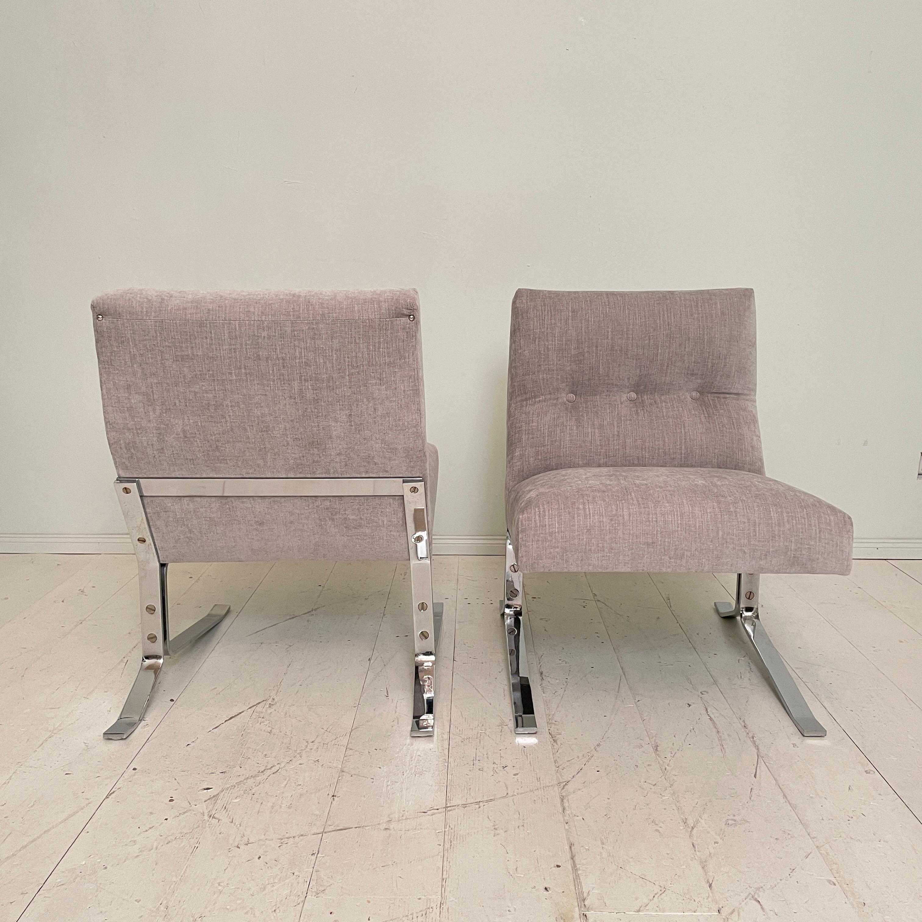 Pair of Mid-Century Chrome and Grey Fabric German Lounge Chairs, Around 1970 3