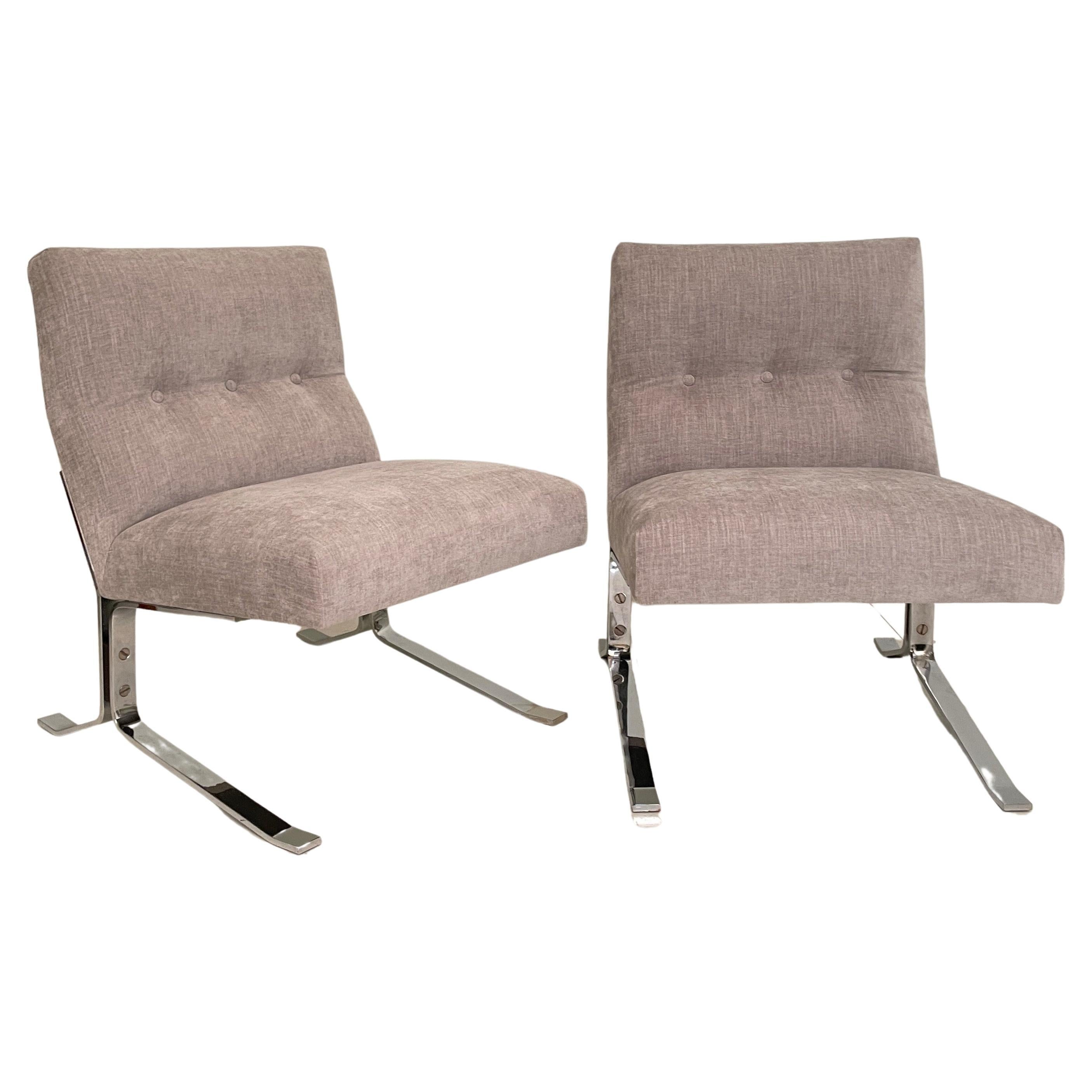 Pair of Mid-Century Chrome and Grey Fabric German Lounge Chairs, Around 1970