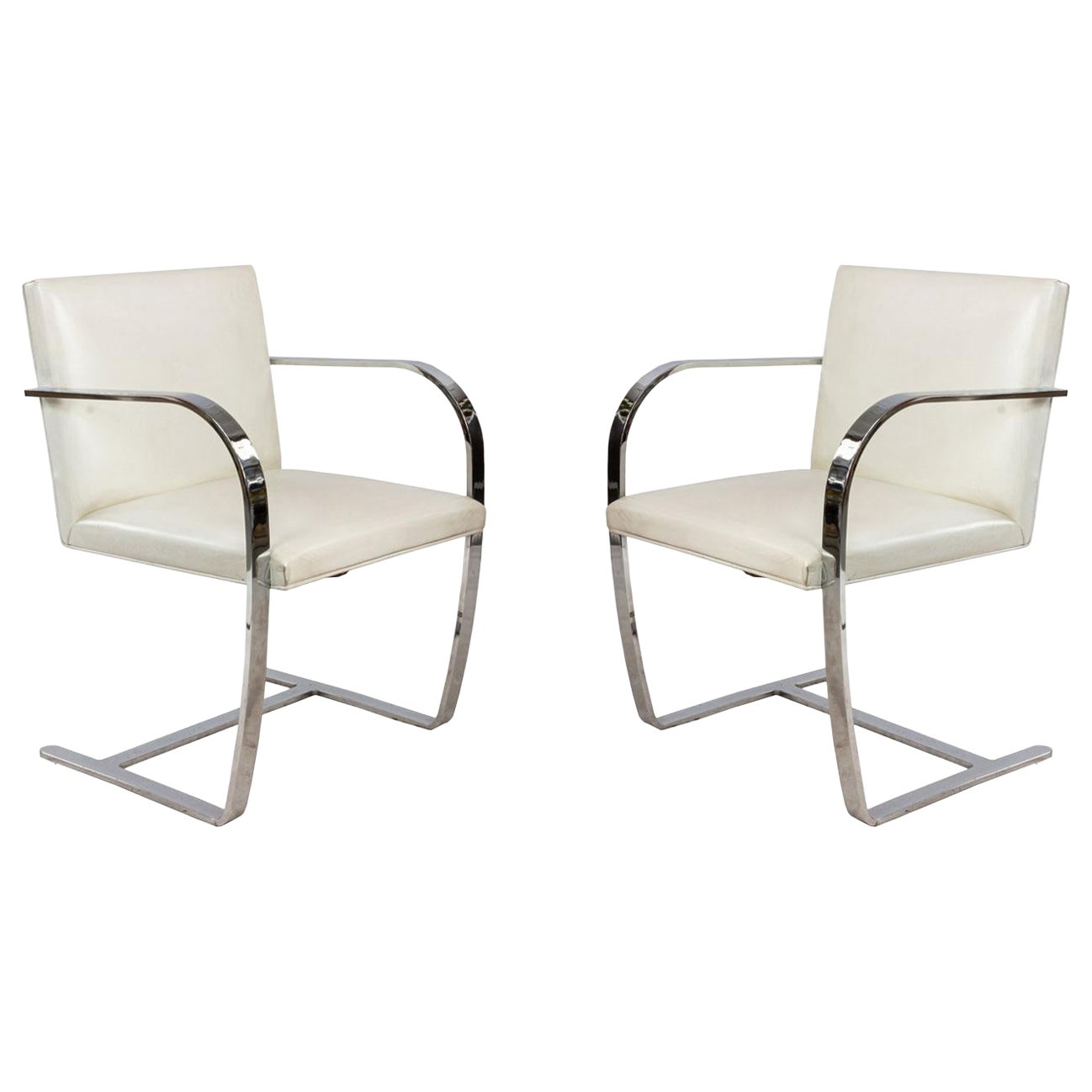 Pair of Mid-Century Chrome and White Leather Armchairs For Sale