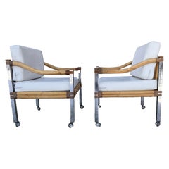 Pair of Mid Century Chrome & Bamboo Dining Arm Chairs Milo Baughman style