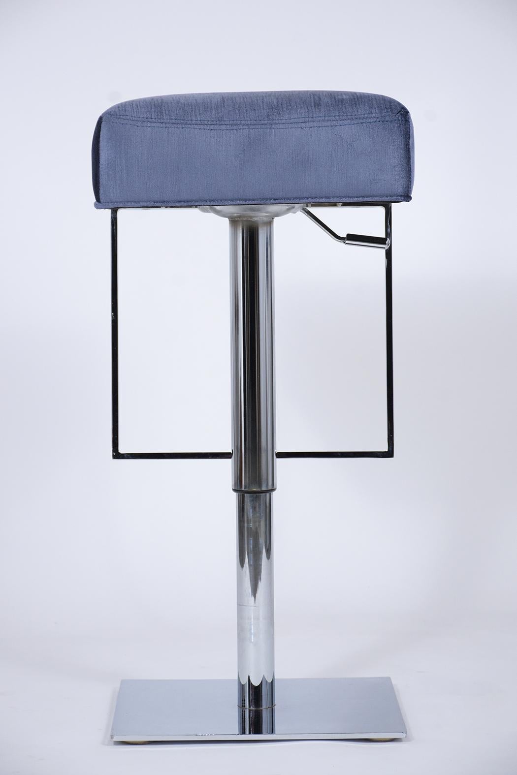 Fabric Mid-Century Chrome-Plated Swivel Bar Stools with Blue Velvet Seats For Sale