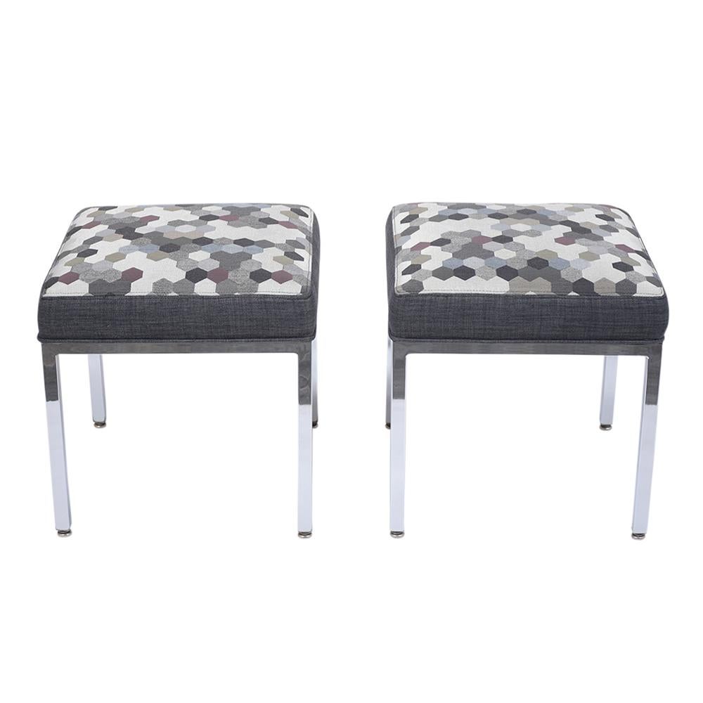 Fabric 1970's Restored Mid-Century Modern Benches with Chrome Bases & Hexagon Pattern For Sale