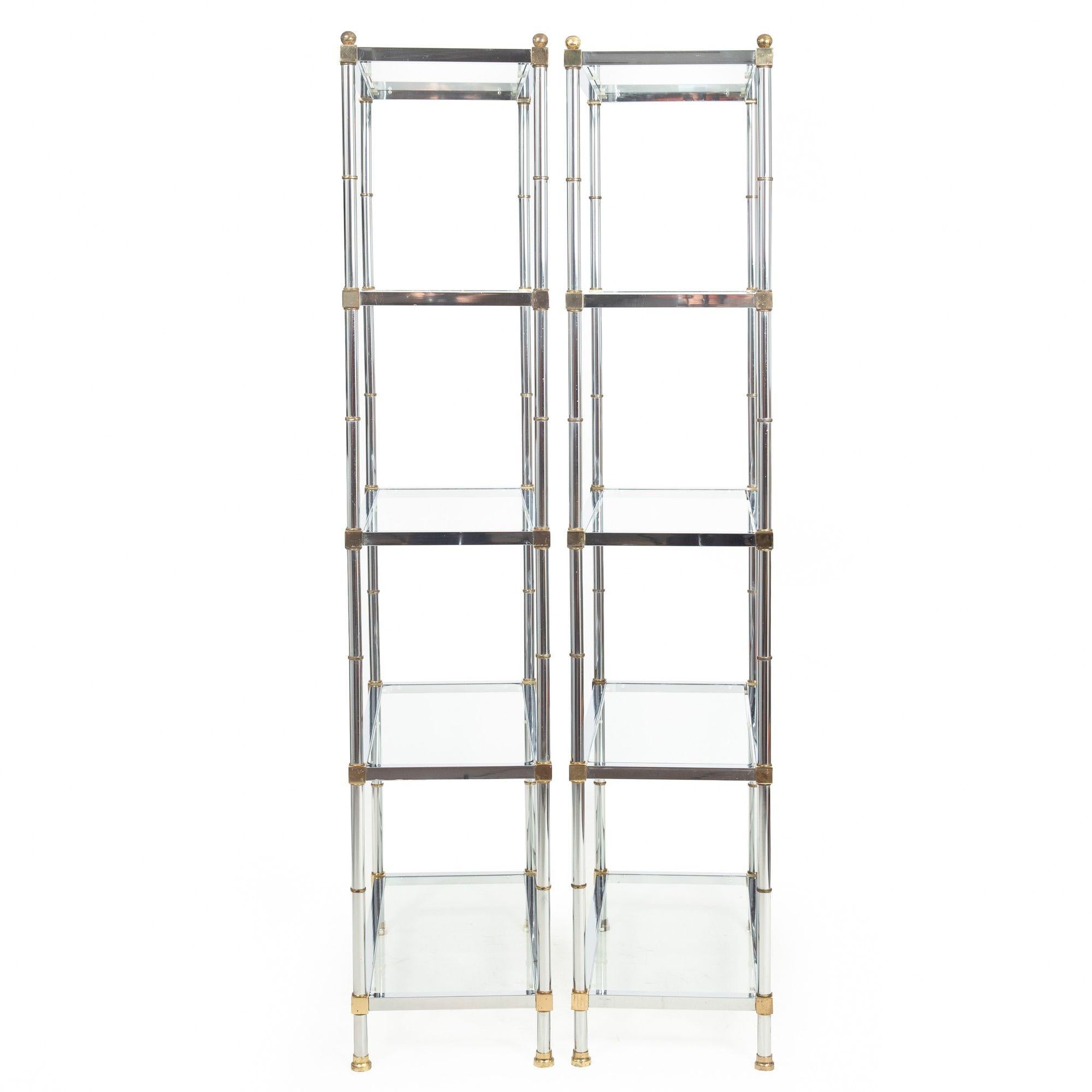 Mid-Century Modern Pair of Mid-Century Chrome, Brass and Glass Etagere Bookshelves For Sale
