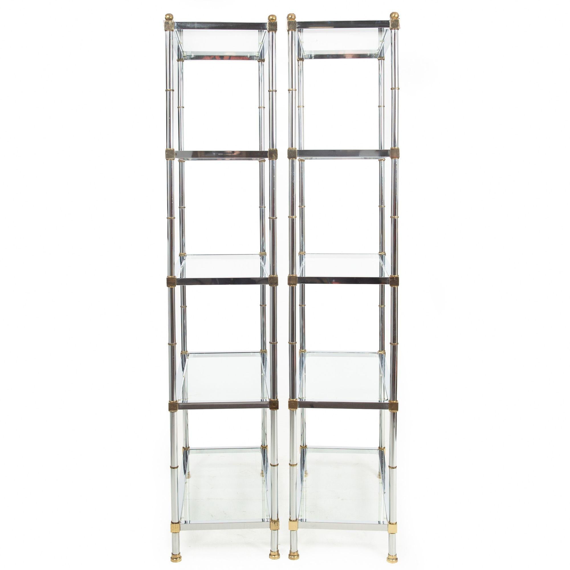Pair of Mid-Century Chrome, Brass and Glass Etagere Bookshelves In Good Condition For Sale In Shippensburg, PA