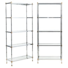 Pair of Mid-Century Chrome, Brass and Glass Etagere Bookshelves