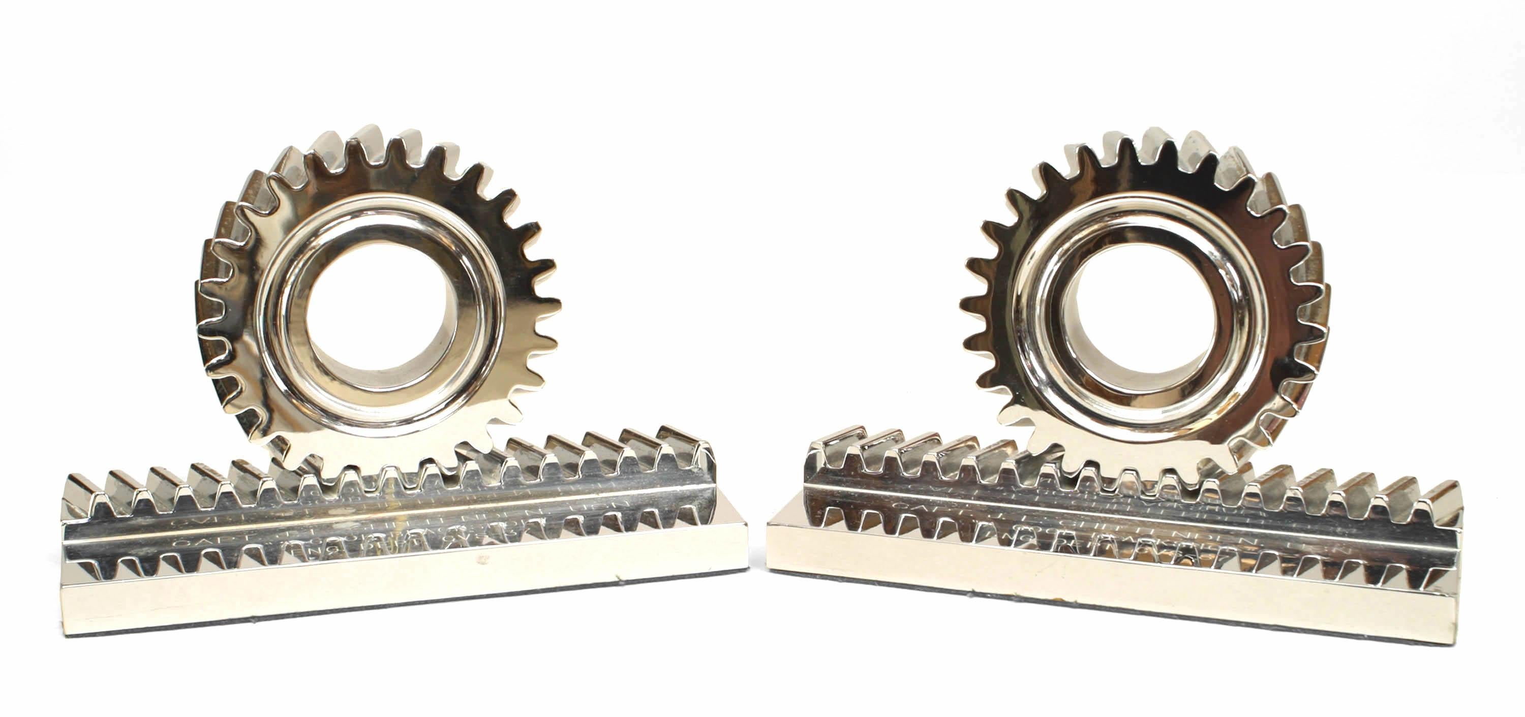 PAIR of American (Mid-20th Century) chrome plated bookends with industrial gear design (engraved with presentation information) (PRICED AS PAIR)