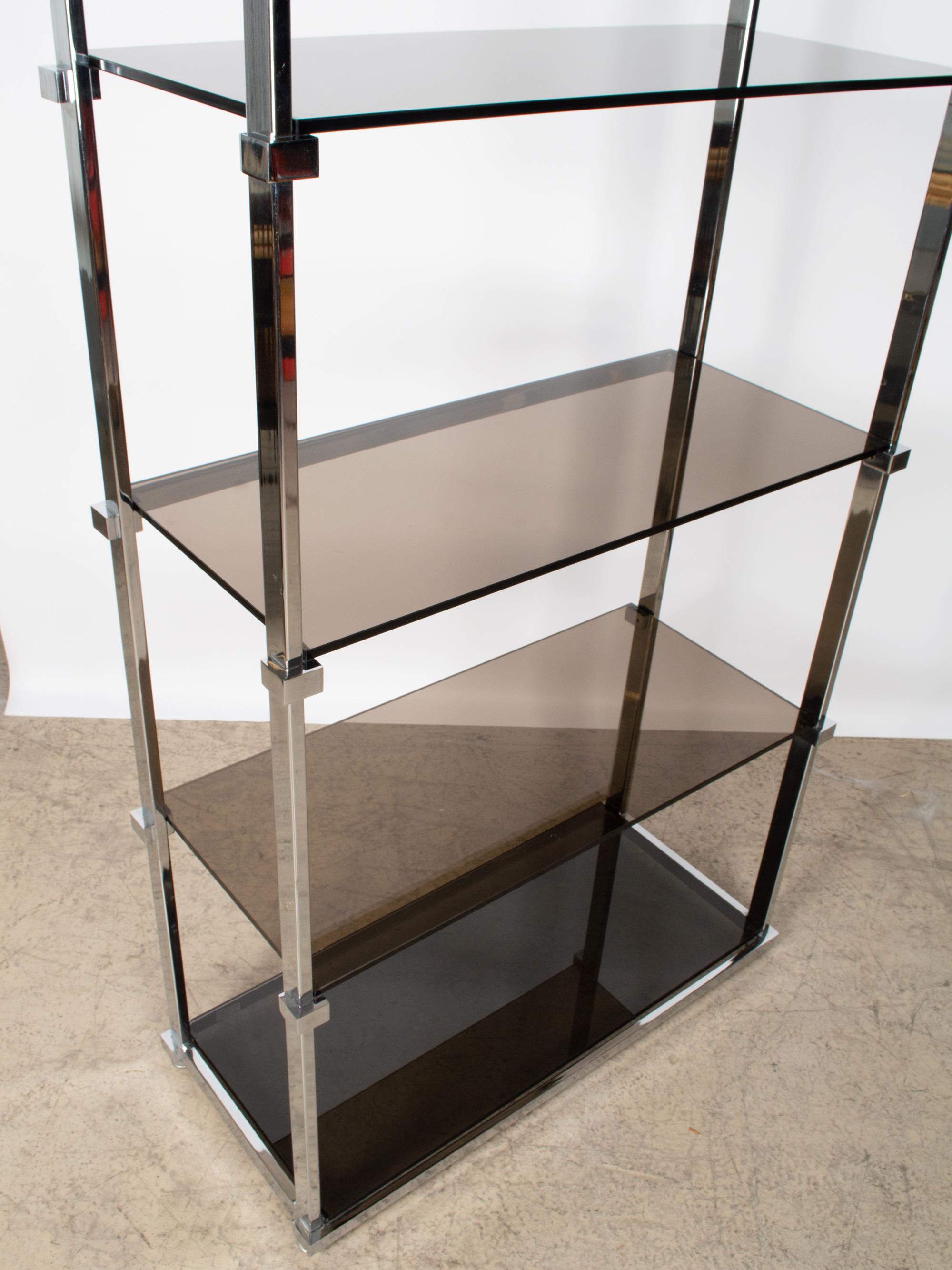 Smoked Glass Pair of Midcentury Chrome and Glass Étagère Display Shelves, England, circa 1970