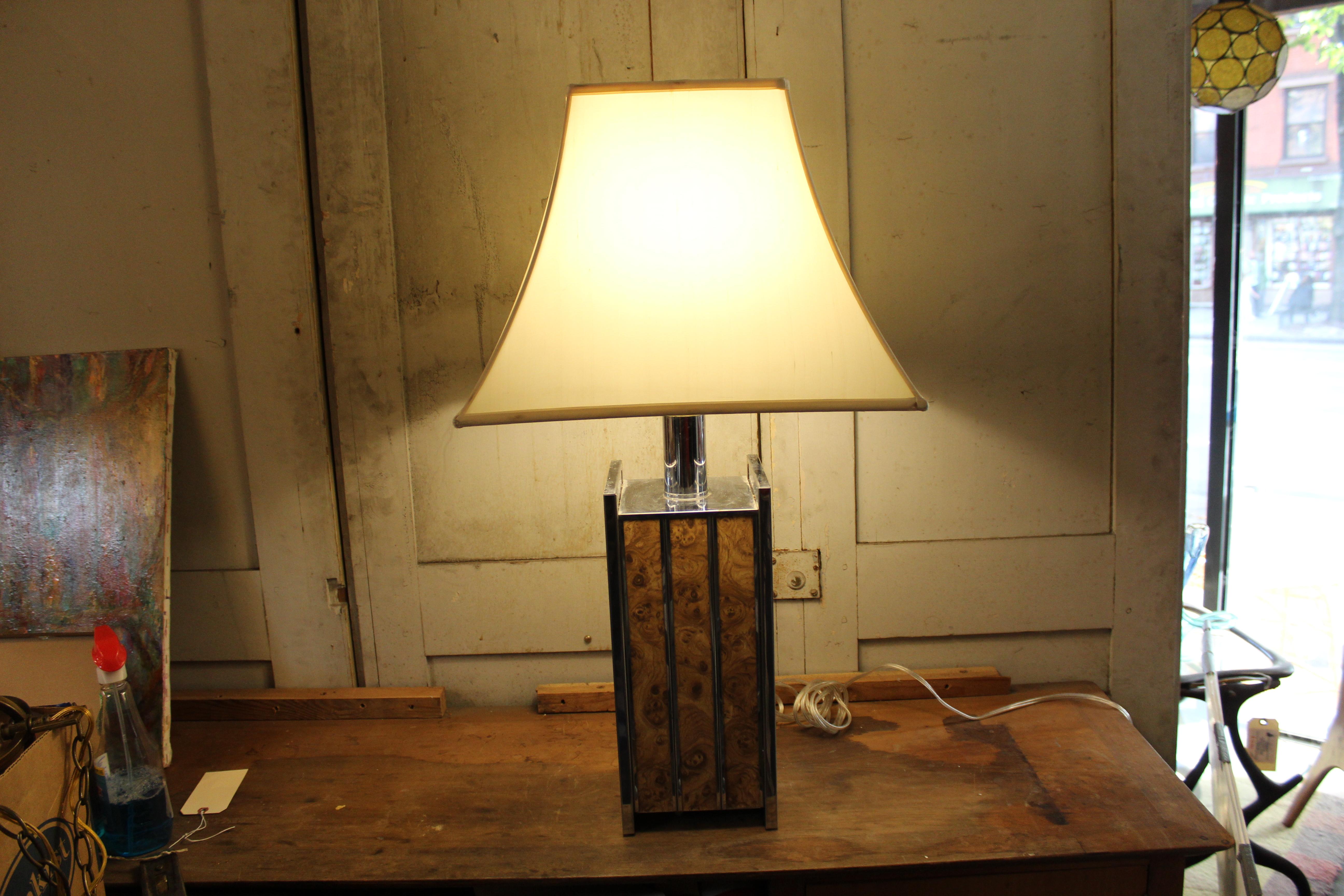 Pair of Mid-Century Chrome Lamps with Burled Inlay For Sale 10