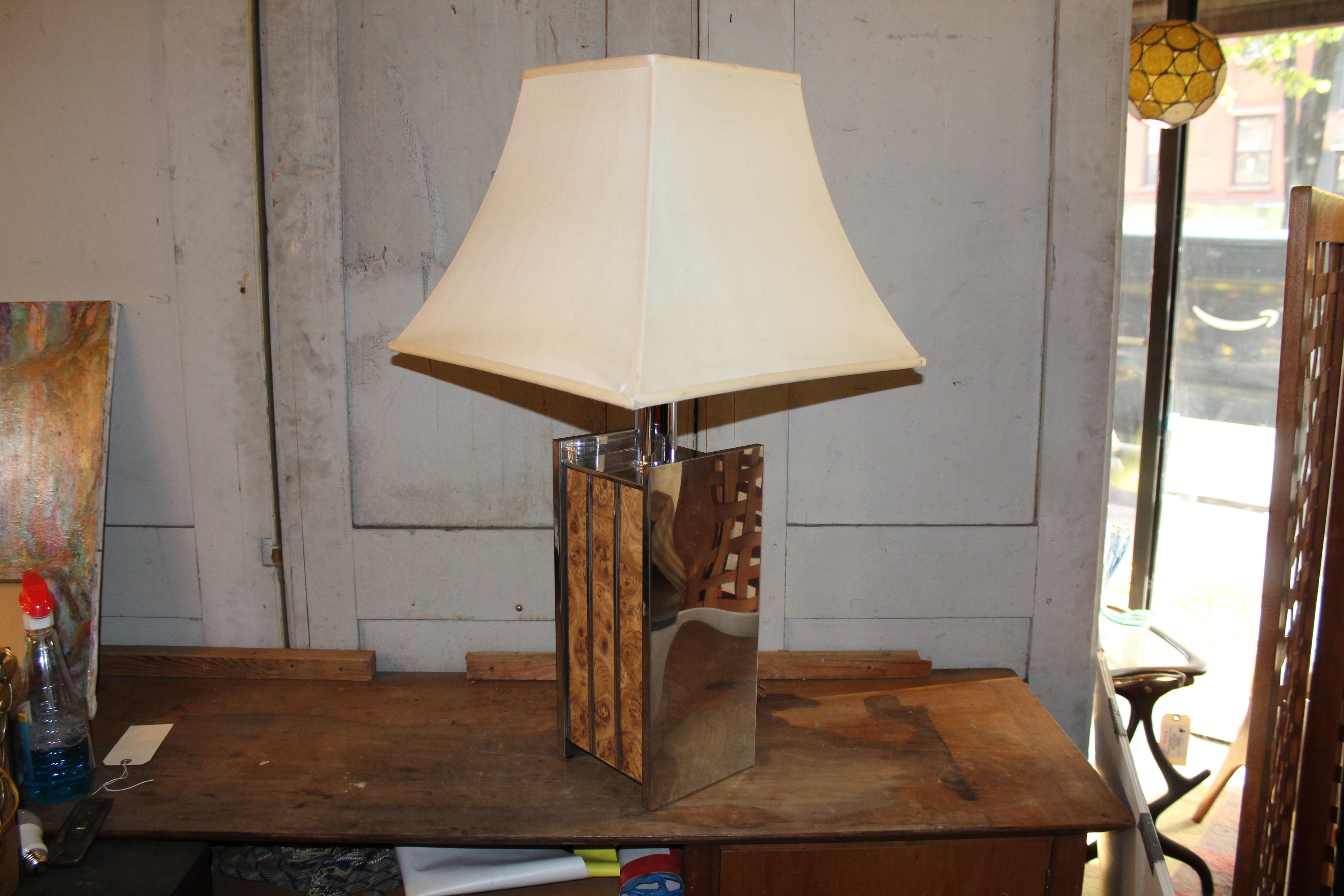 Mid-Century Modern Pair of Mid-Century Chrome Lamps with Burled Inlay For Sale