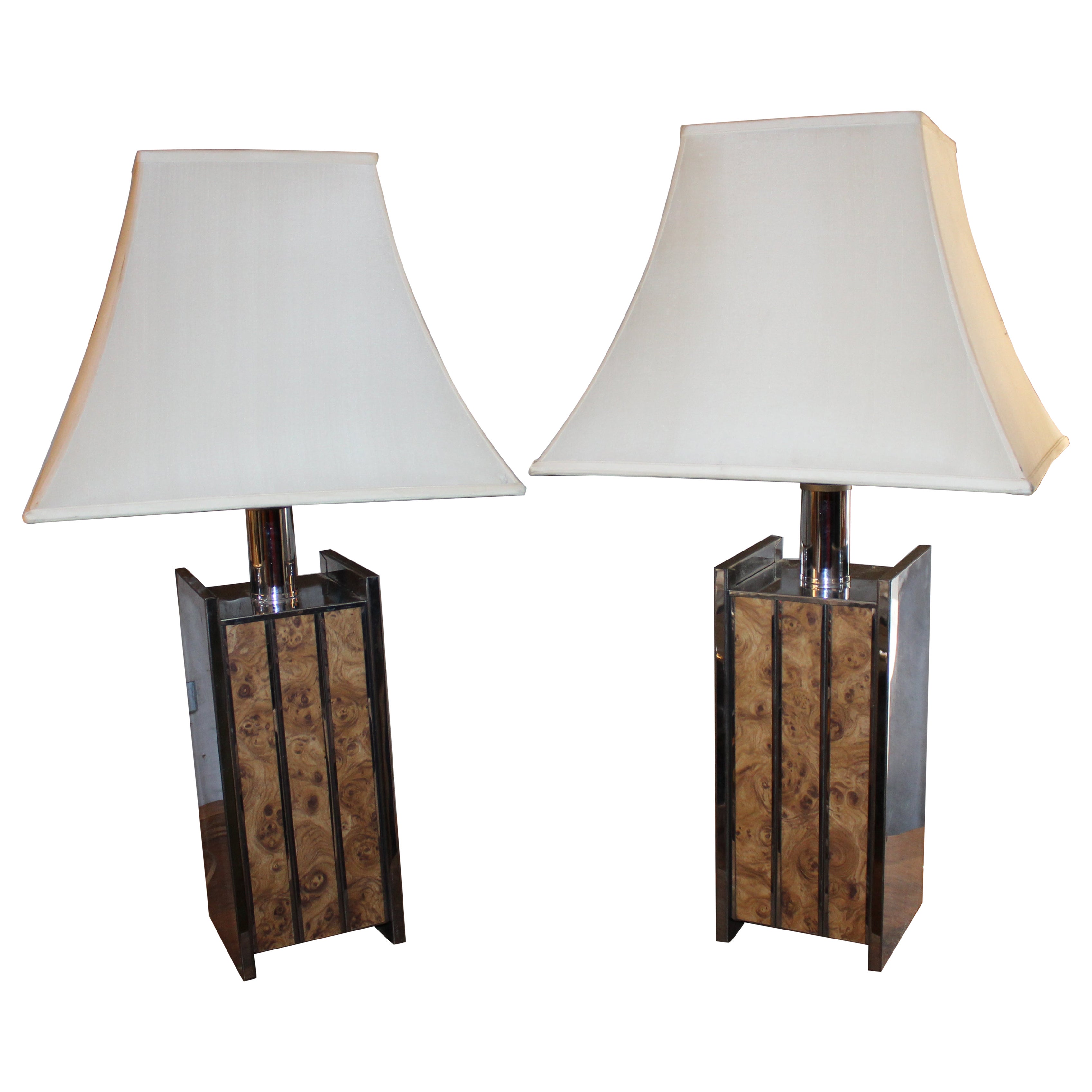 Pair of Mid-Century Chrome Lamps with Burled Inlay For Sale