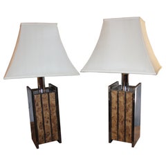 Pair of Mid-Century Chrome Lamps with Burled Inlay