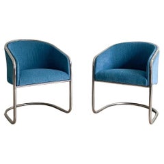 Pair of Mid Century Chrome Lounge Chairs by Thonet - New Blue Upholstery