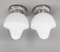 Pair of Mid-Century Chrome & Milk Glass Ceiling Ligts, Restored