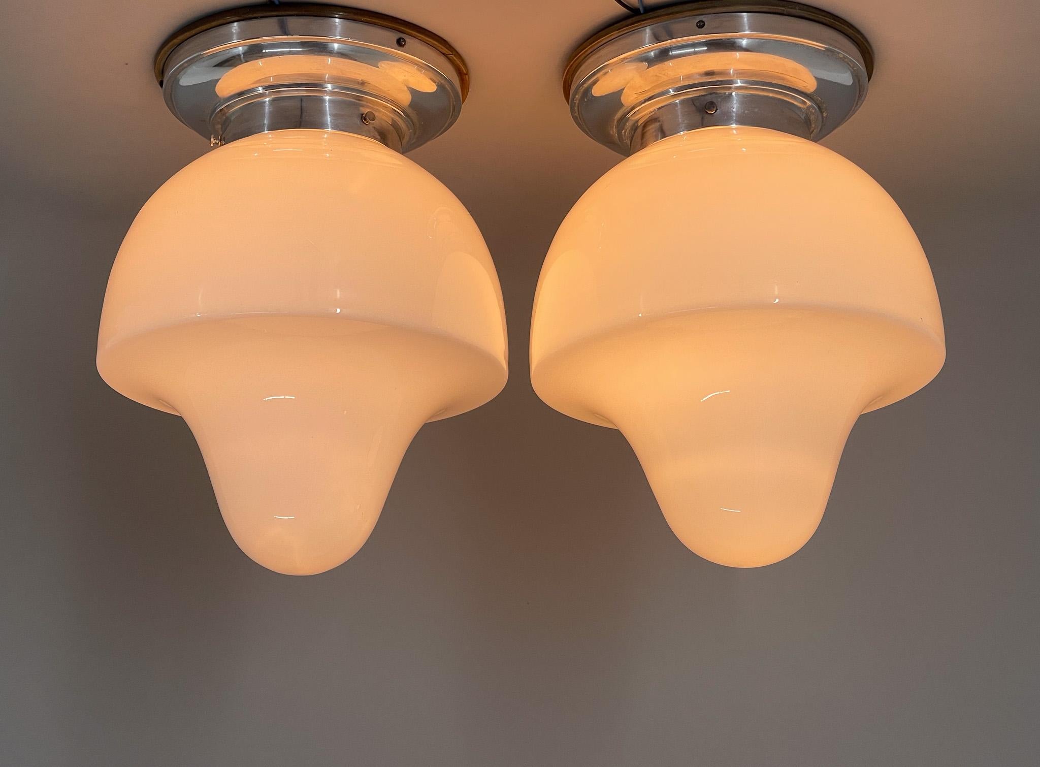 Czech Pair of Mid-Century Chrome & Milk Glass Ceiling Ligts, Restored For Sale