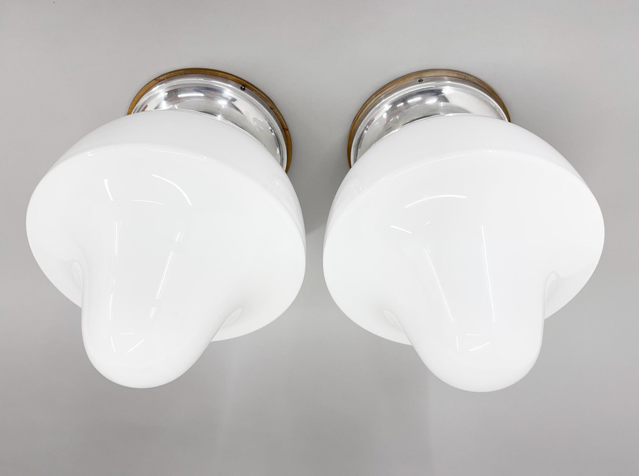 20th Century Pair of Mid-Century Chrome & Milk Glass Ceiling Ligts, Restored For Sale