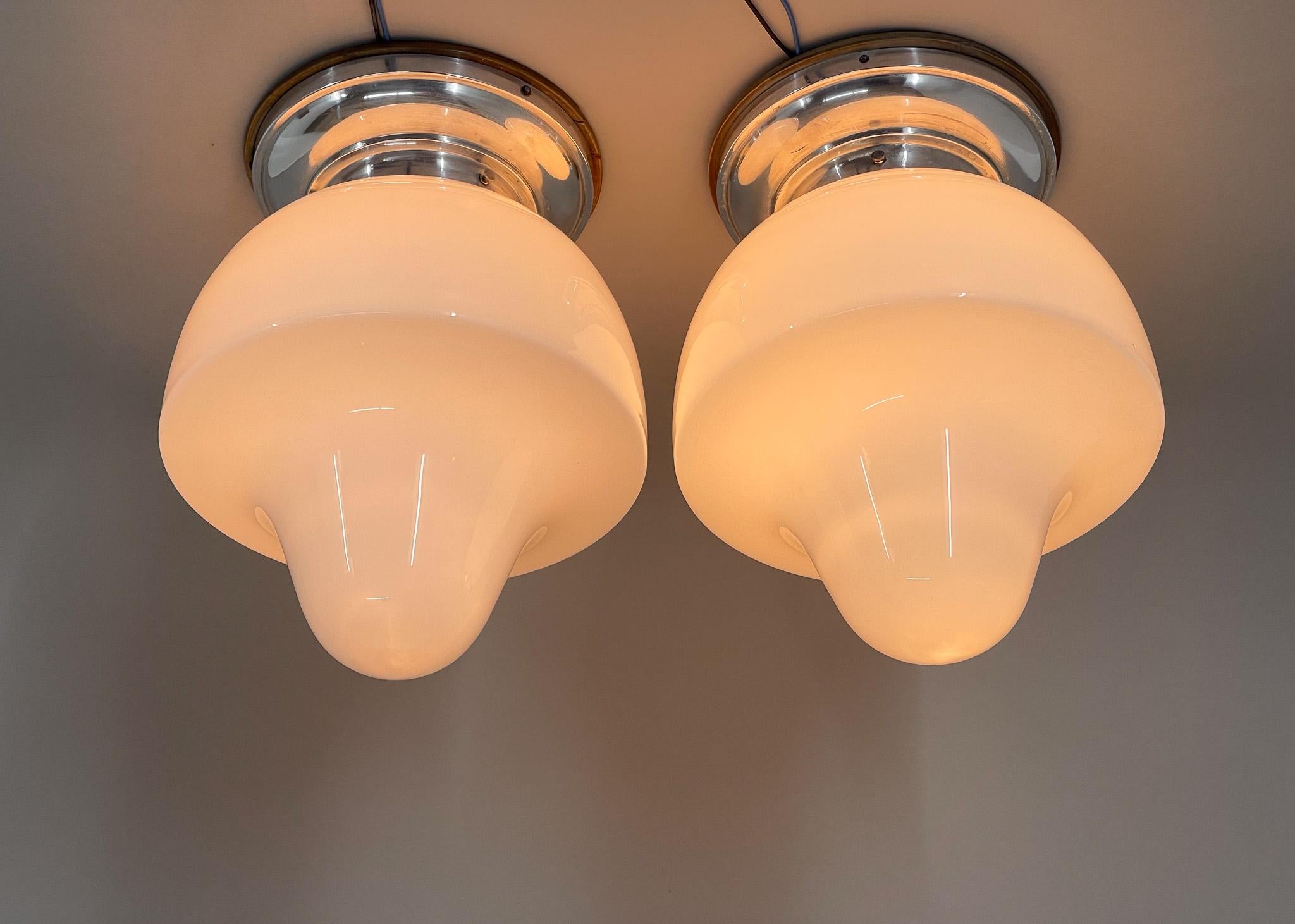Pair of Mid-Century Chrome & Milk Glass Ceiling Ligts, Restored For Sale 1