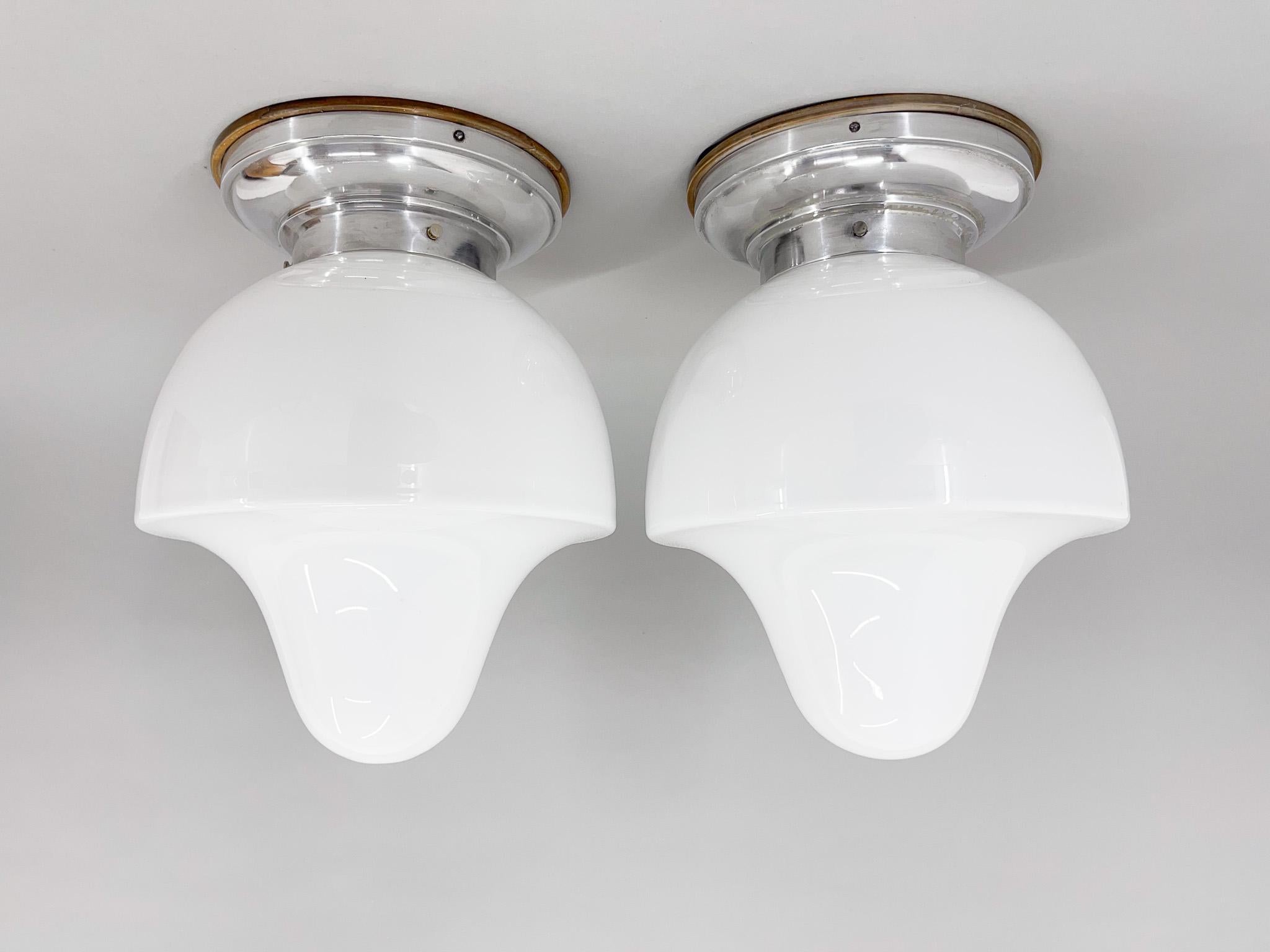 Pair of Mid-Century Chrome & Milk Glass Ceiling Ligts, Restored For Sale 3