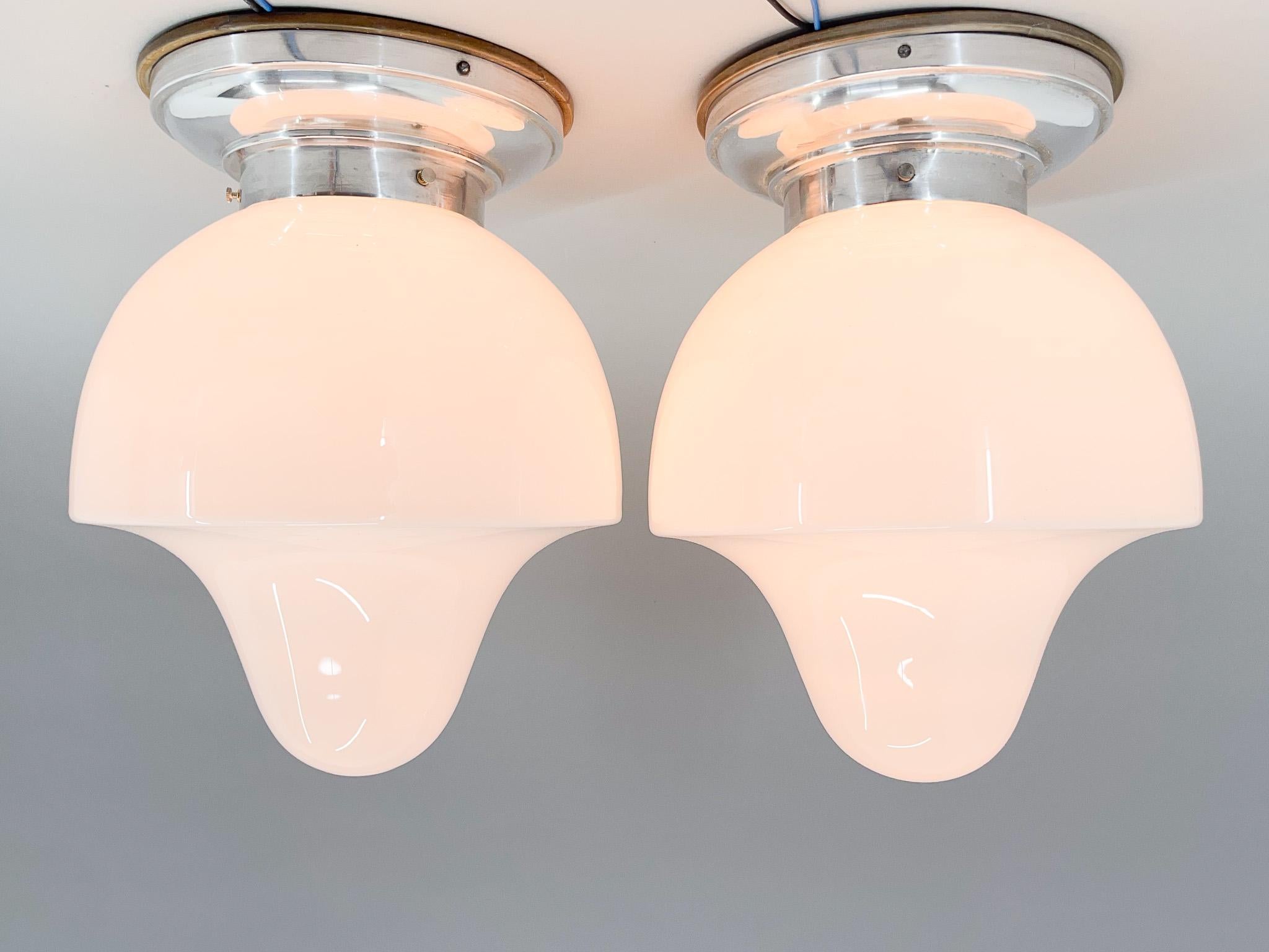 Pair of Mid-Century Chrome & Milk Glass Ceiling Ligts, Restored For Sale 4