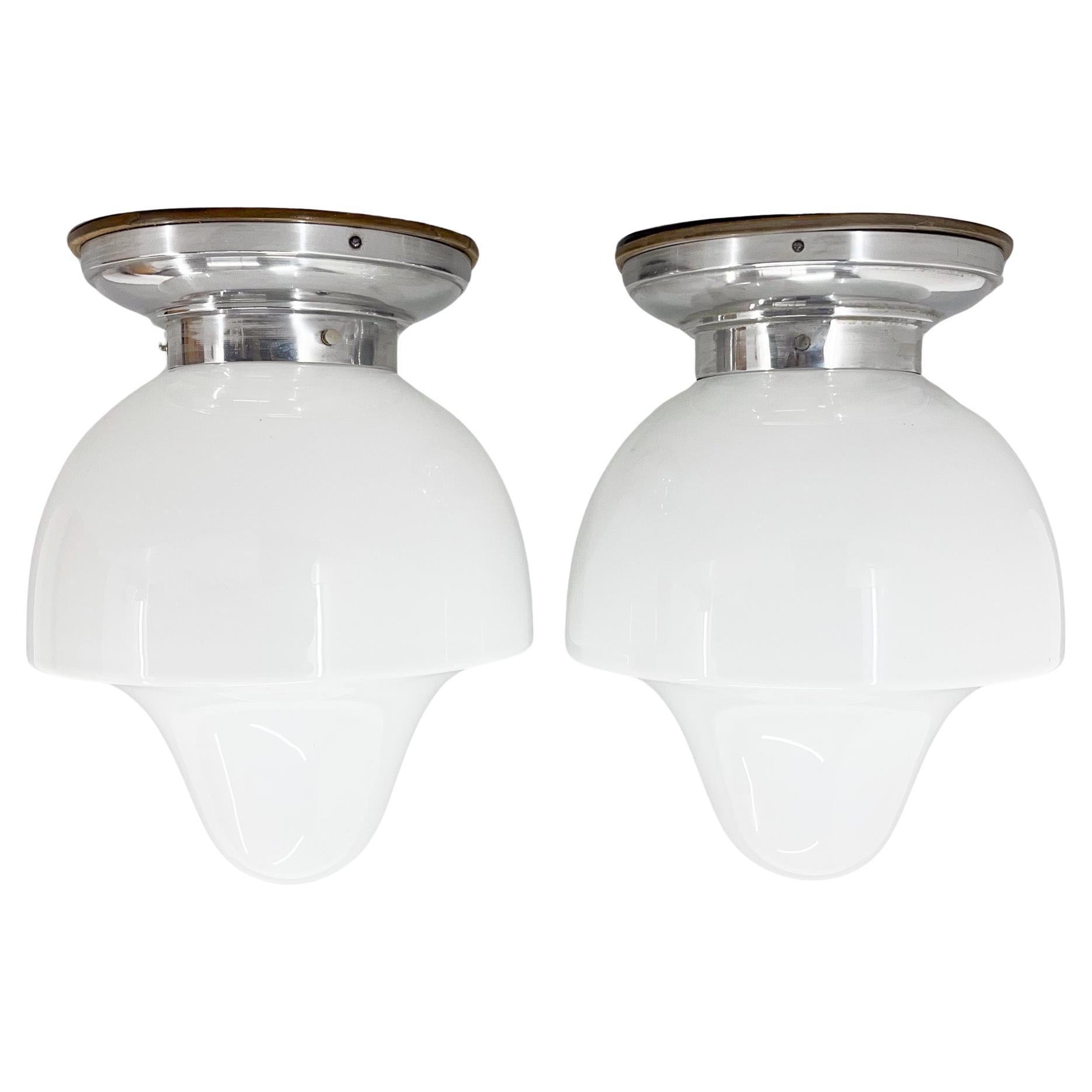 Pair of Mid-Century Chrome & Milk Glass Ceiling Ligts, Restored For Sale