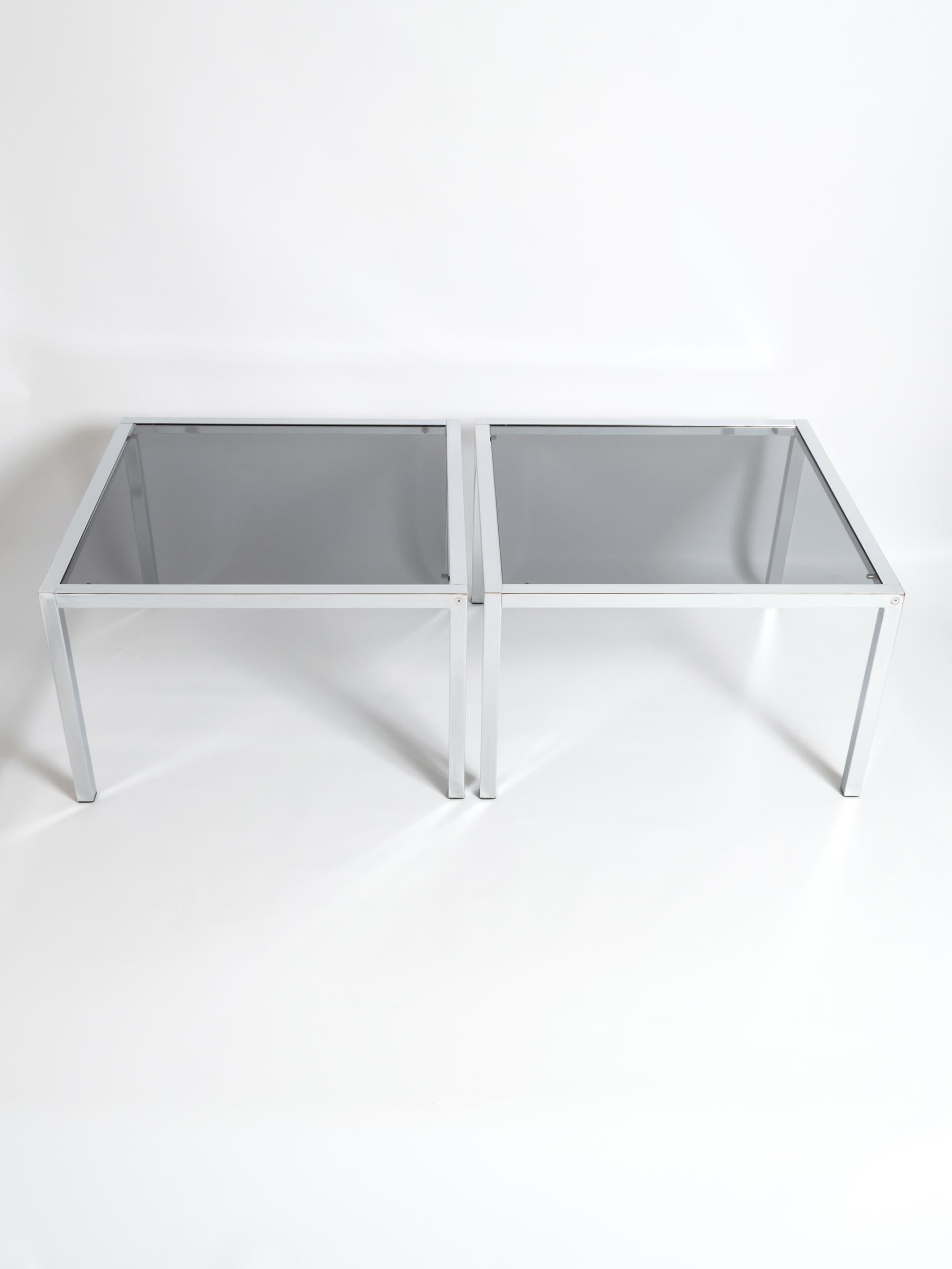Italian Pair of Midcentury Chrome and Smoked Glass End Side Tables, Italy, circa 1970 For Sale