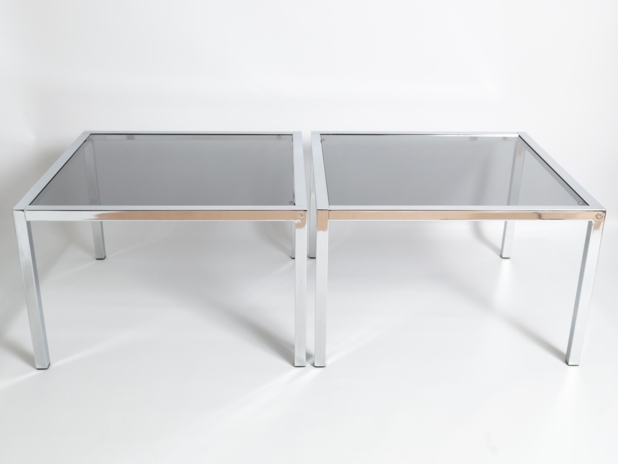 Pair of Midcentury Chrome and Smoked Glass End Side Tables, Italy, circa 1970 In Good Condition For Sale In London, GB