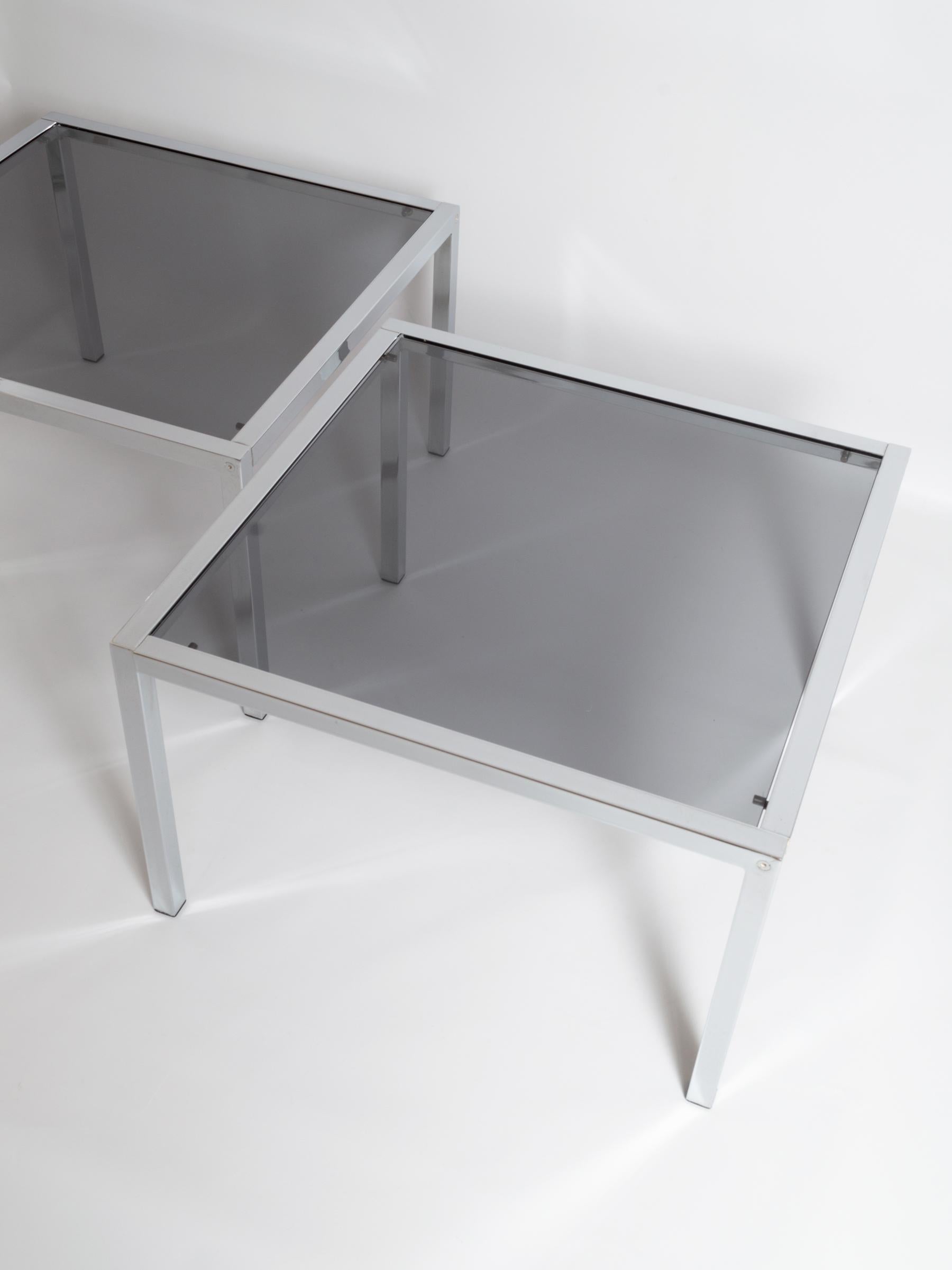 Pair of Midcentury Chrome and Smoked Glass End Side Tables, Italy, circa 1970 For Sale 1