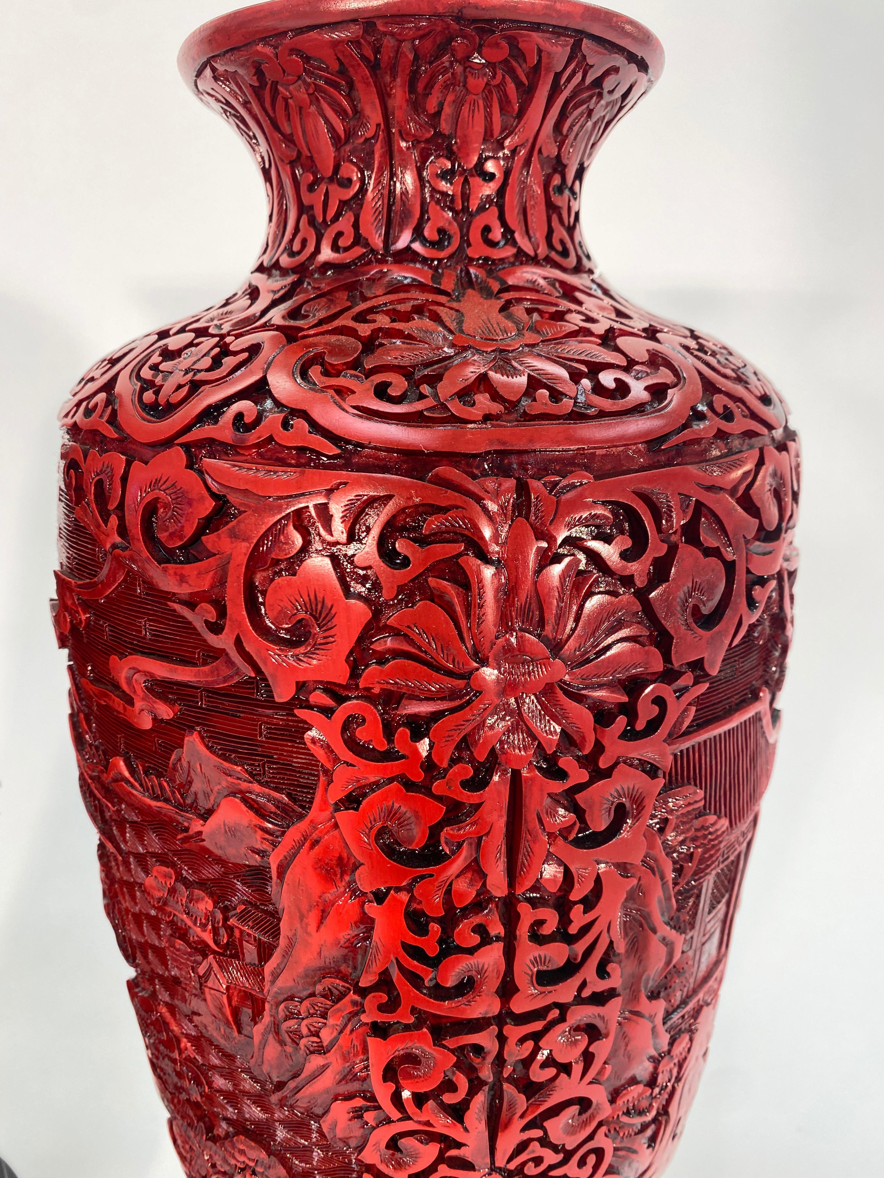 Chinoiserie Pair of Midcentury Cinnabar Vases